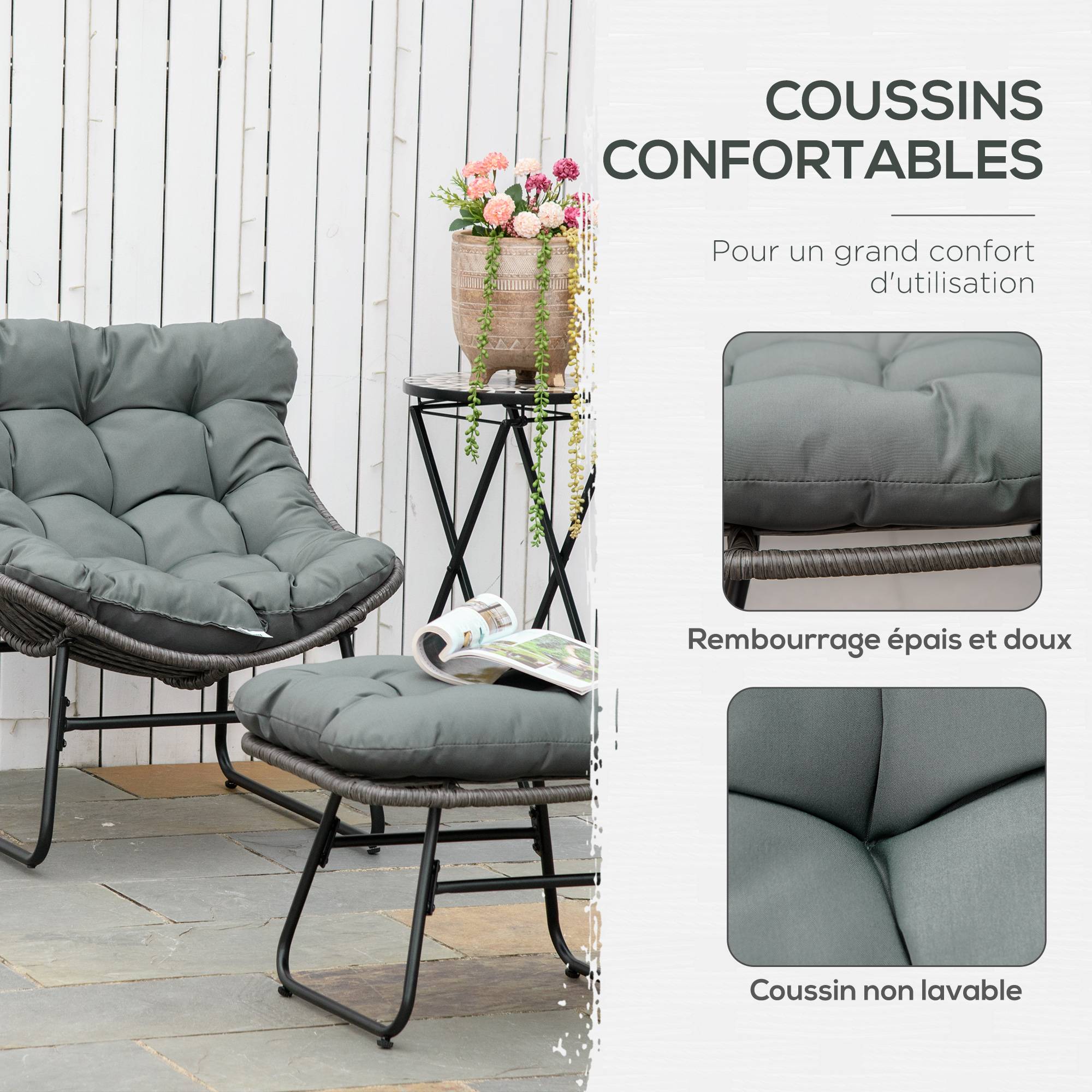 Sans Marque - Fauteuil chaise de jardin avec repose-pieds en métal époxy et résine tressée aspect rotin avec coussins - Image 7