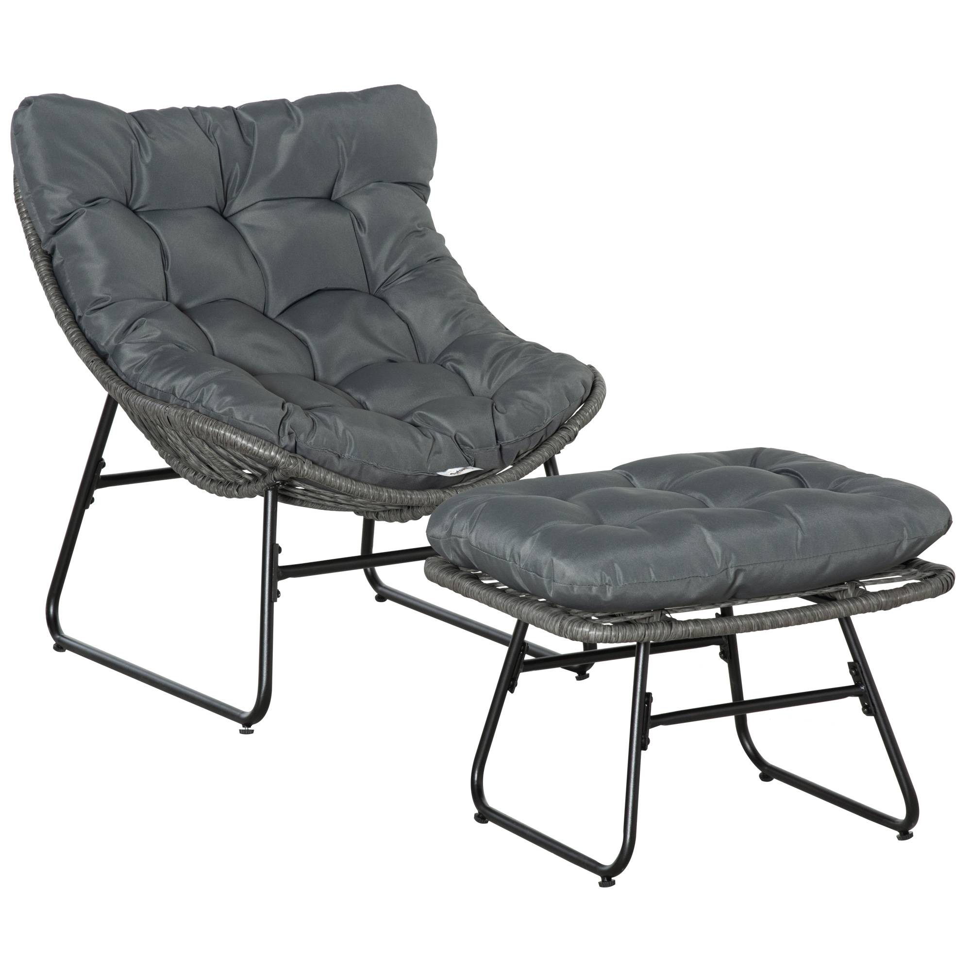 Sans Marque - Fauteuil chaise de jardin avec repose-pieds en métal époxy et résine tressée aspect rotin avec coussins - Image 1