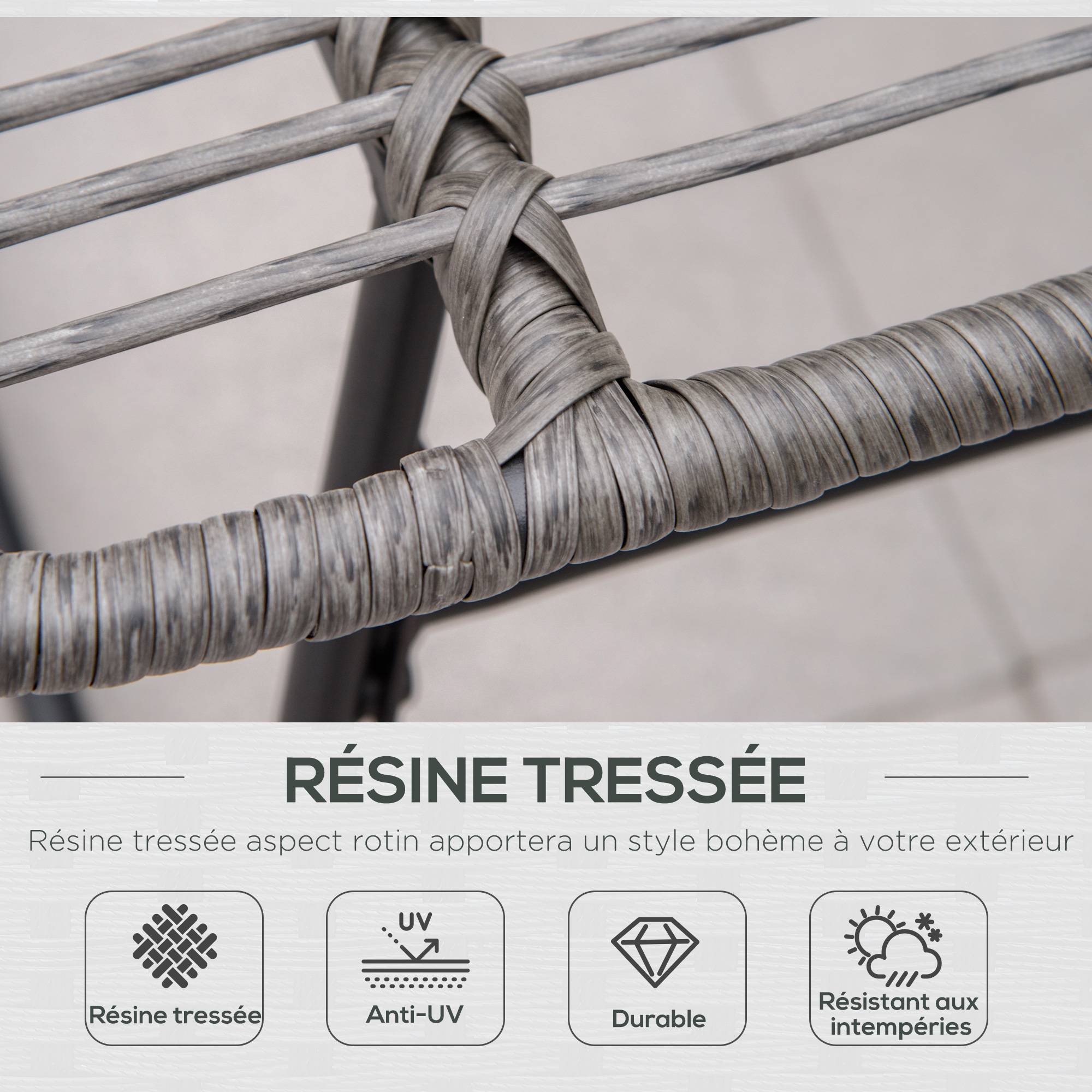 Sans Marque - Fauteuil chaise de jardin avec repose-pieds en métal époxy et résine tressée aspect rotin avec coussins - Image 6