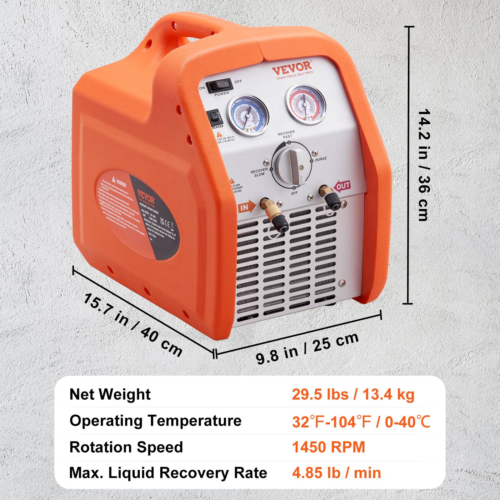 VEVOR Station récupération fluides frigo portable 3/4 HP, 2,2 kg/min, auto-nettoyage, pour R22/R134A. - Image 7