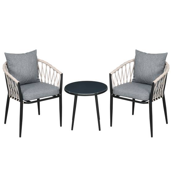 ComfortXL - Salon de jardin 2 personnes acier et verre trempé gris table Ø50 cm 2 fauteuils avec coussins pour balcon - Image 10