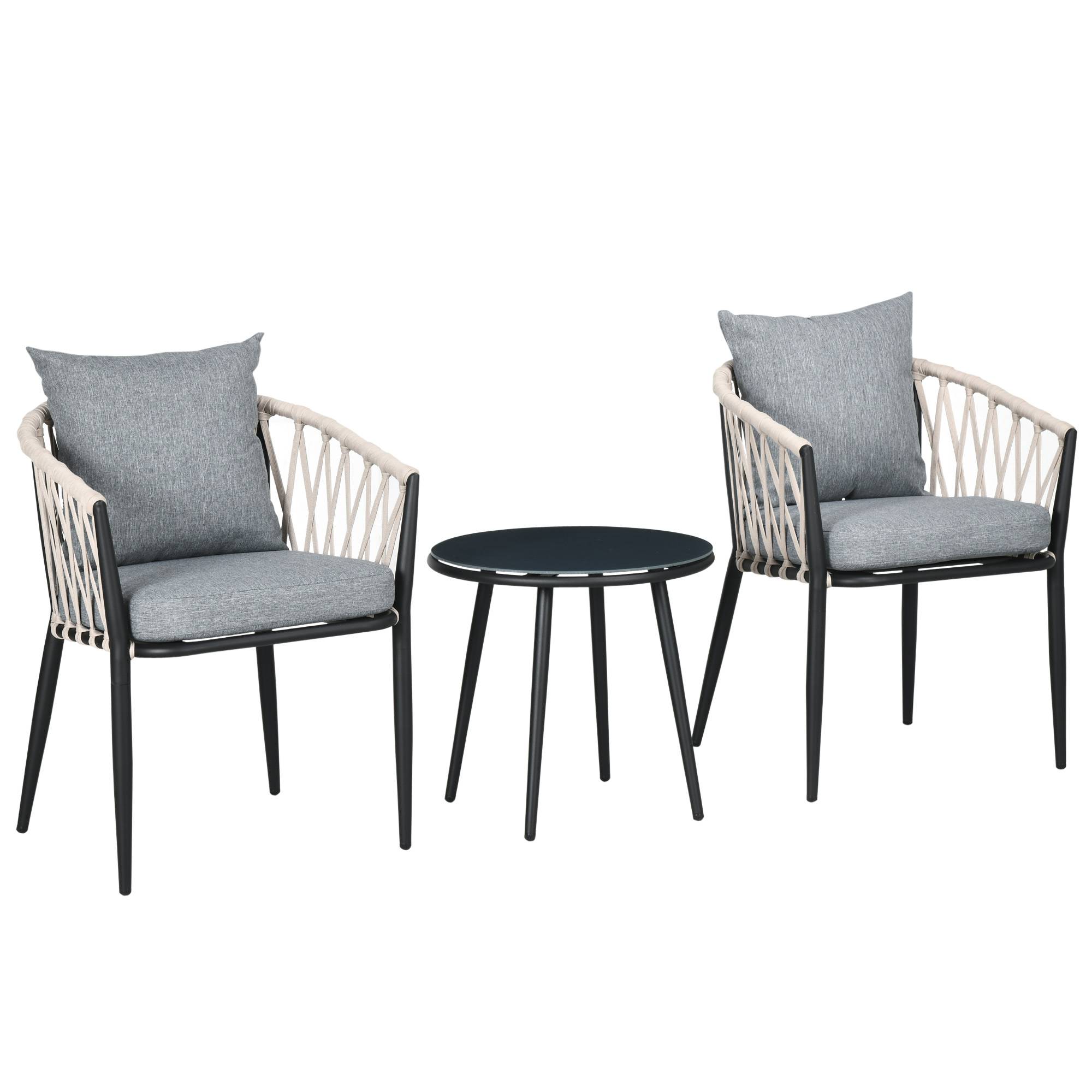 ComfortXL - Salon de jardin 2 personnes acier et verre trempé gris table Ø50 cm 2 fauteuils avec coussins pour balcon - Image 2