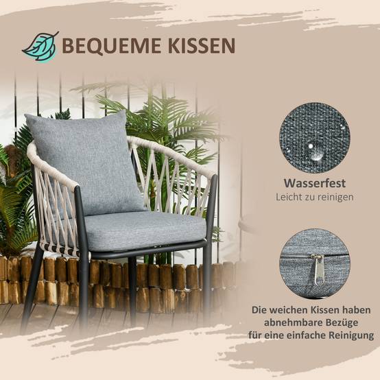 ComfortXL - Salon de jardin 2 personnes acier et verre trempé gris table Ø50 cm 2 fauteuils avec coussins pour balcon - Image 7