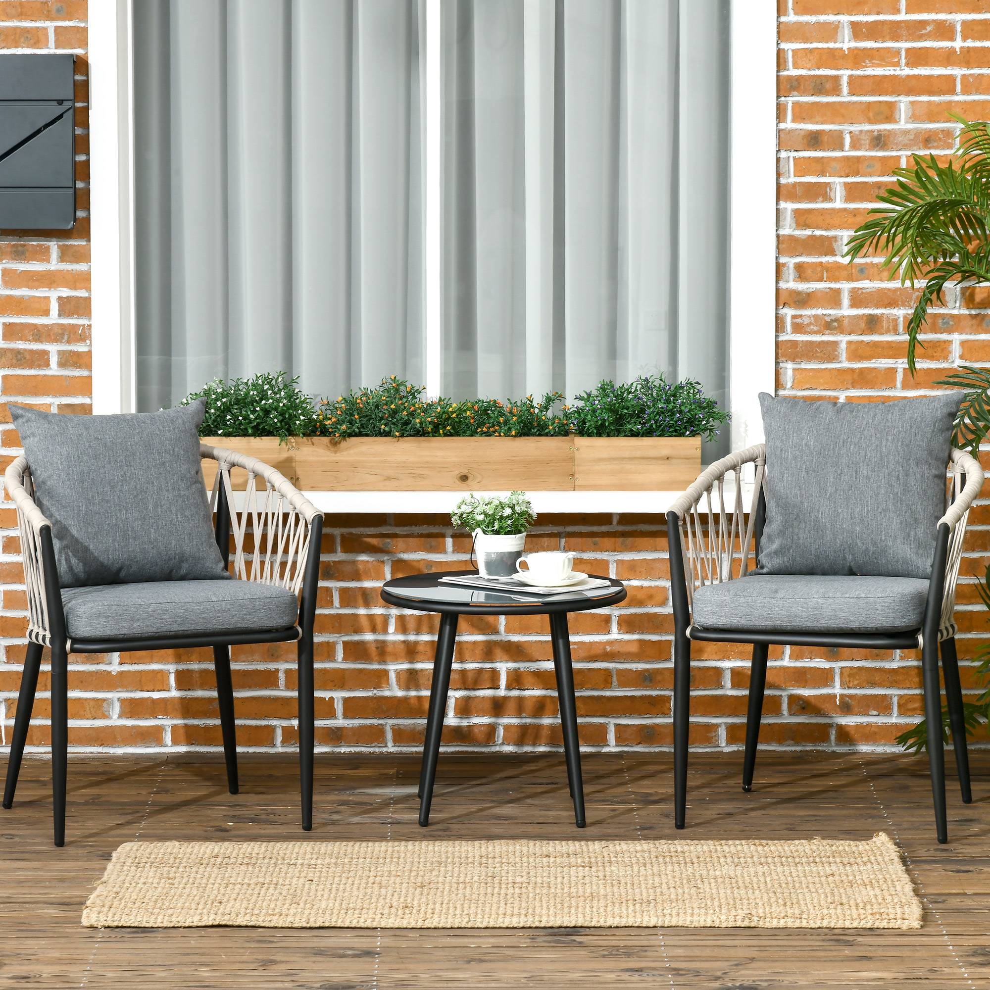 ComfortXL - Salon de jardin 2 personnes acier et verre trempé gris table Ø50 cm 2 fauteuils avec coussins pour balcon - Image 1