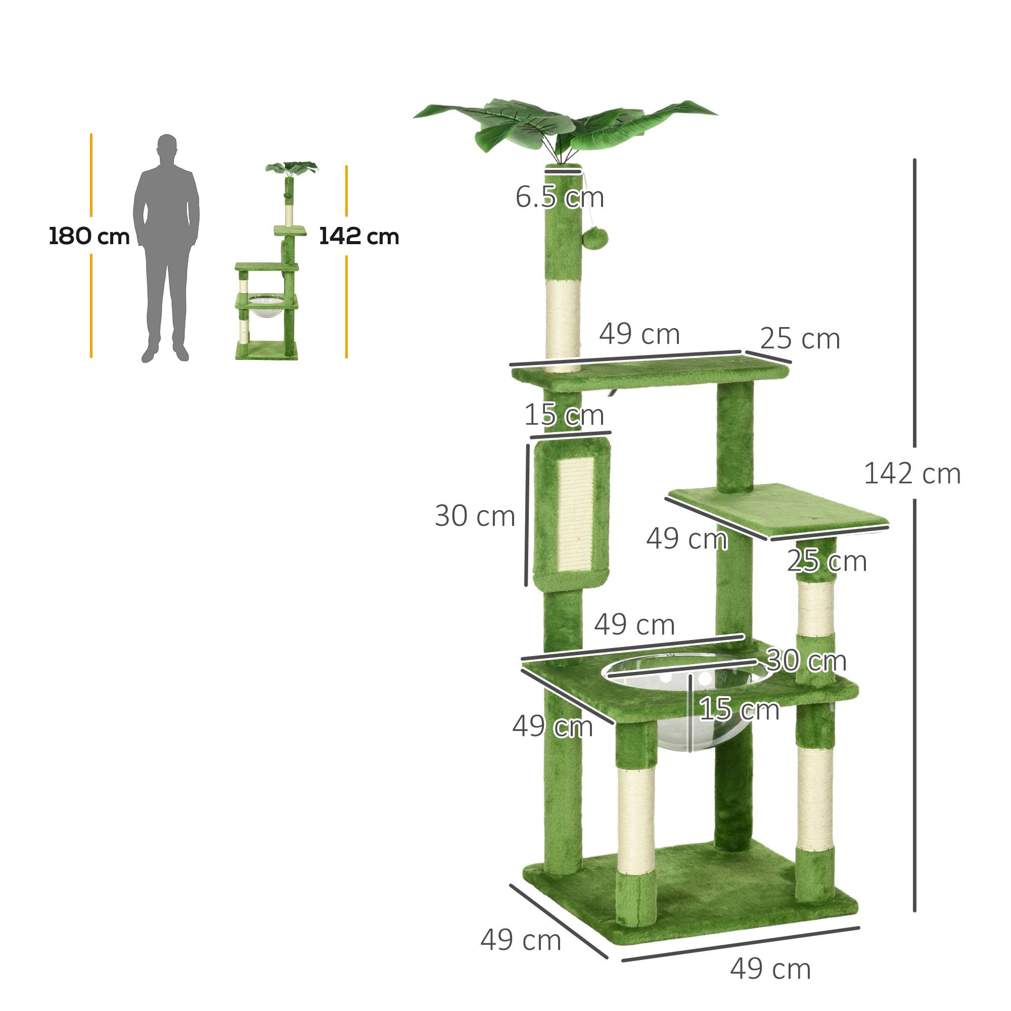 Arbre à chat multiligne avec hamac, grattoir, balle et feuilles décoratives, 49x49x142cm, vert - Image 5