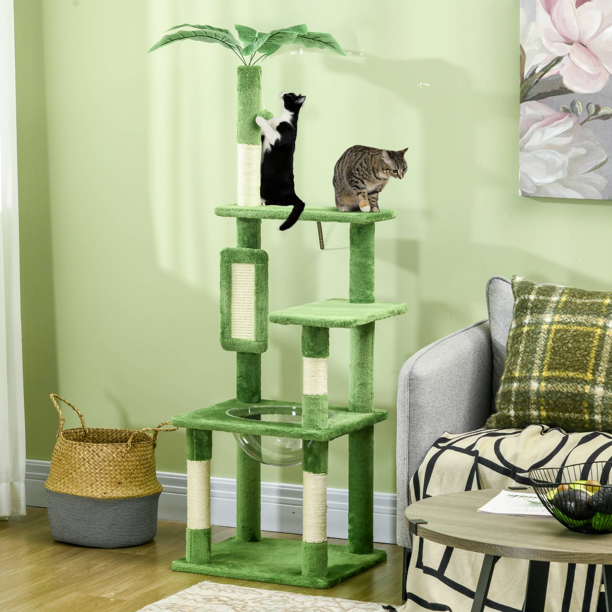 Arbre à chat multiligne avec hamac, grattoir, balle et feuilles décoratives, 49x49x142cm, vert - Image 3