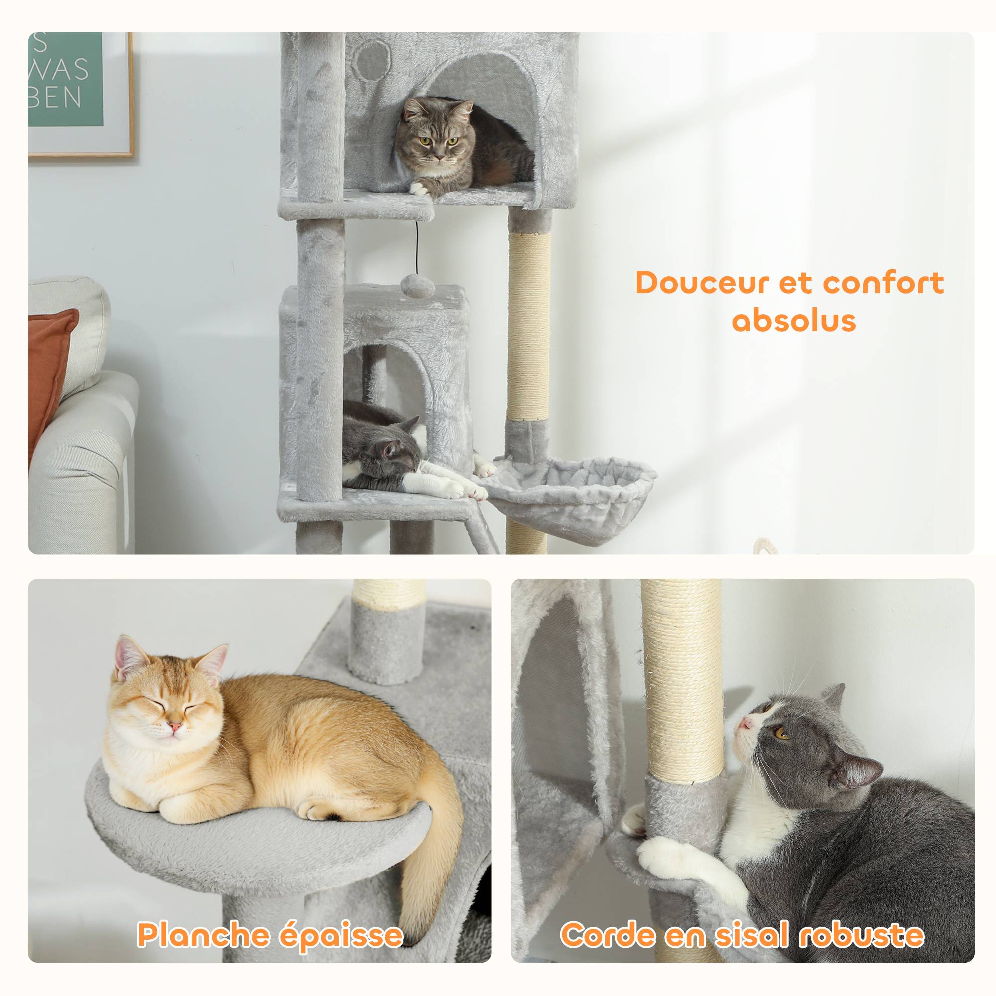 Arbre à chat sisal et peluche gris 56 x 56 x 180 cm - PANGIVO - Image 9