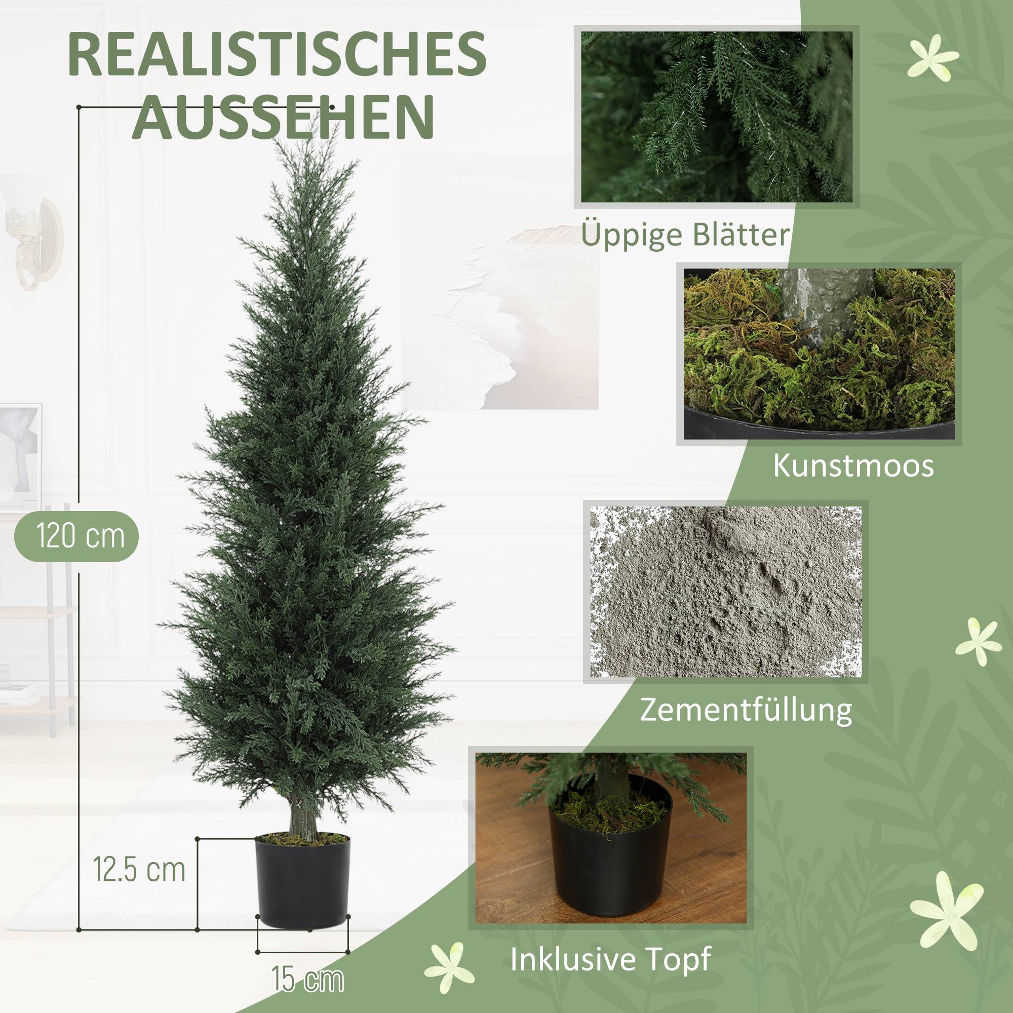Sans Marque - Cyprès artificiel, 638 feuilles plastique, avec pot, résistant UV, vert - Image 6