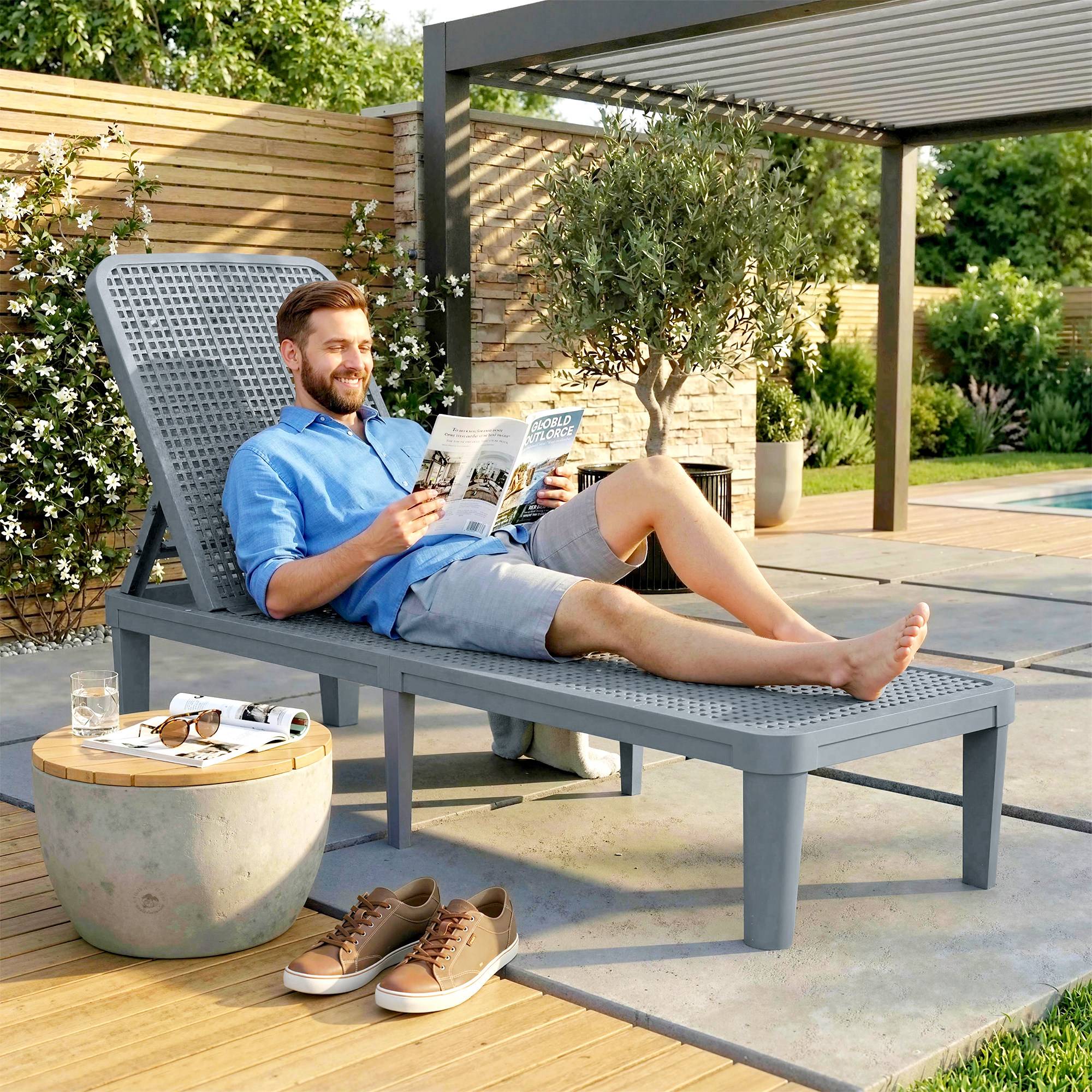 Fauteuil de jardin inclinable Tumbo avec dossier réglable en 4 positions et structure en PP 191 x 55 x 35,5 cm Gris foncé - Image 10