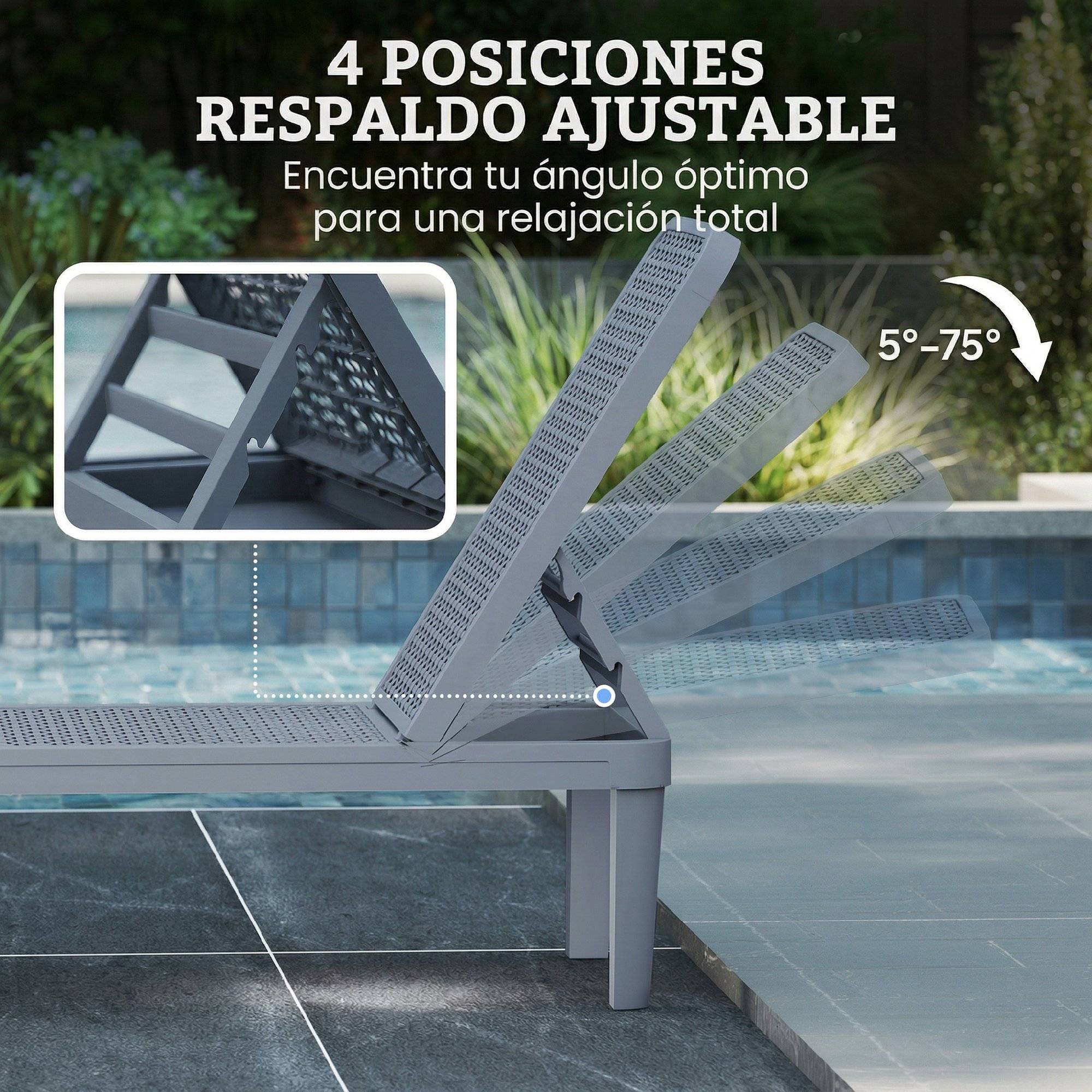 Fauteuil de jardin inclinable Tumbo avec dossier réglable en 4 positions et structure en PP 191 x 55 x 35,5 cm Gris foncé - Image 7