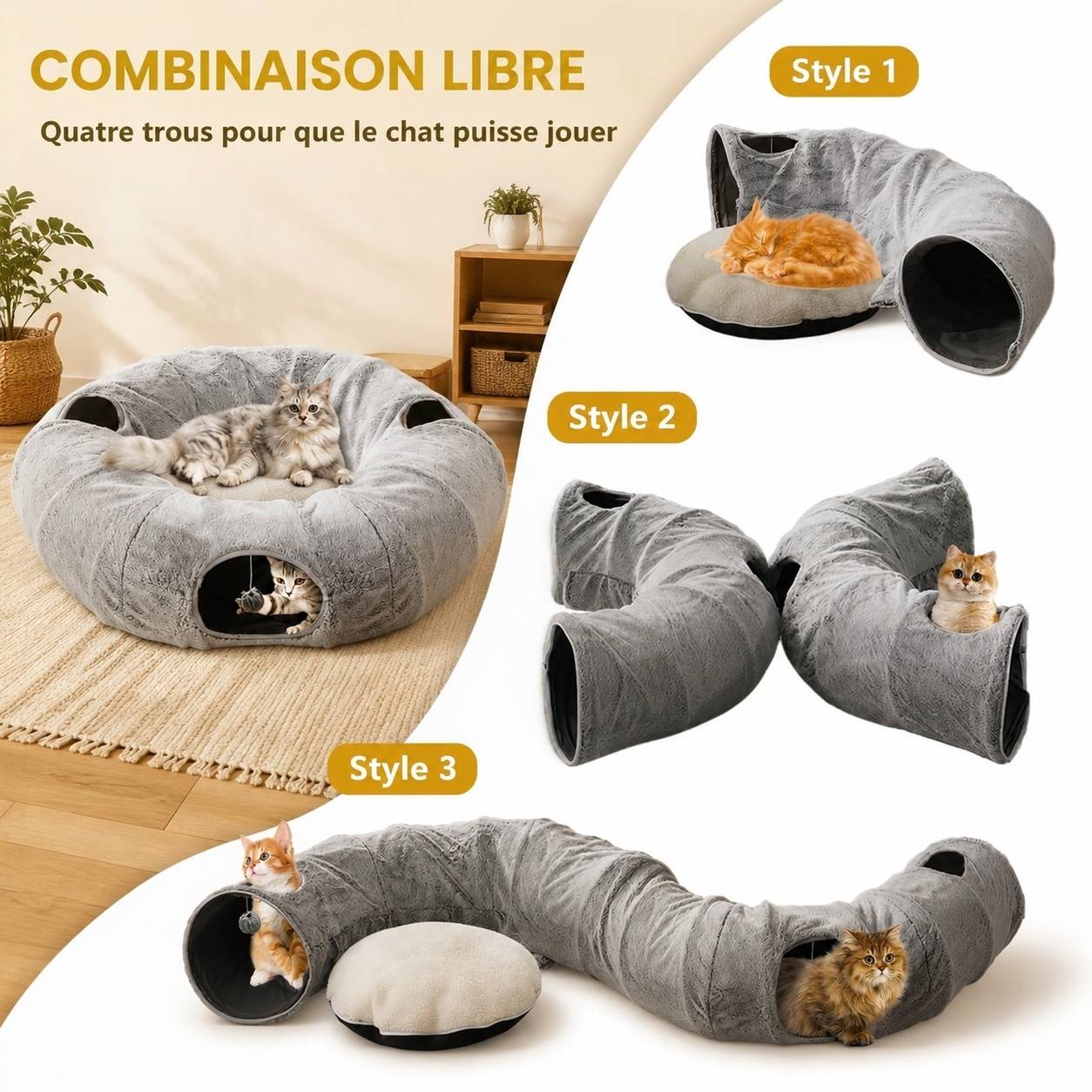 Tunnel de Jeu pour Chat Lavable Coussin Amovible Assemblable Interactif - Image 4