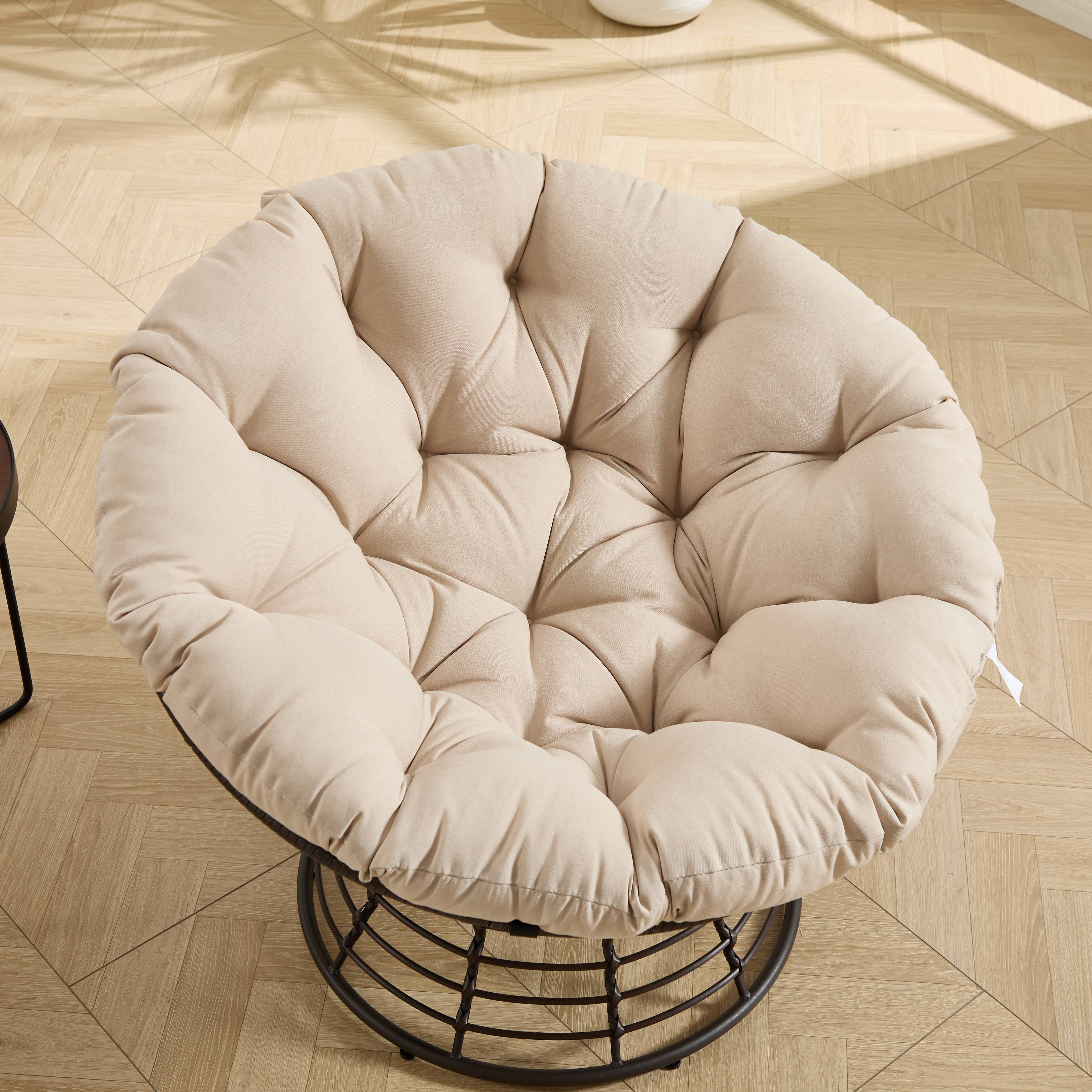 Chaise Papasan en osier pivotante 360° cadre marron coussin beige épais confortable pour intérieur et extérieur - Image 5