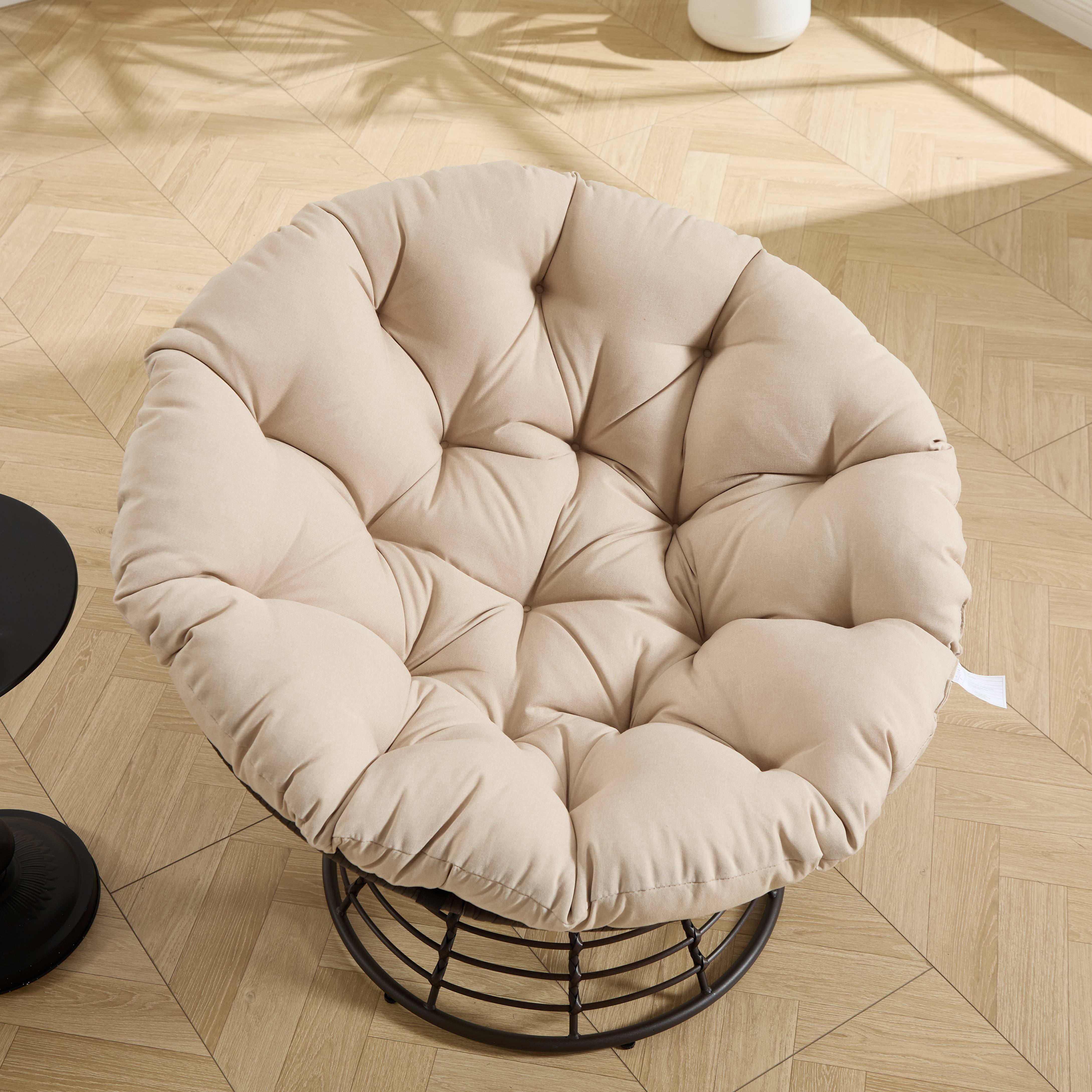 Chaise Papasan en osier pivotante 360° cadre marron coussin beige épais confortable pour intérieur et extérieur - Image 10