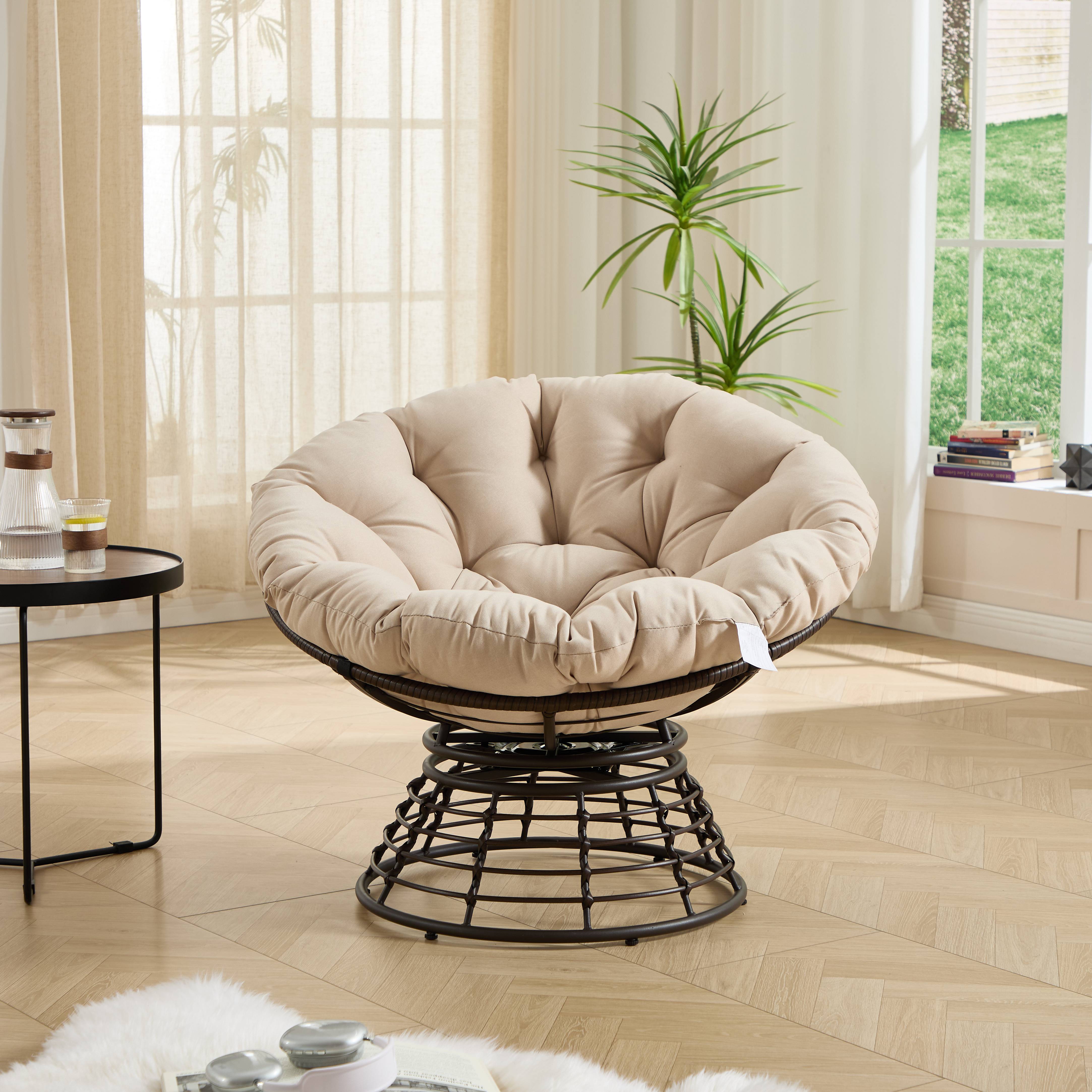 Chaise Papasan en osier pivotante 360° cadre marron coussin beige épais confortable pour intérieur et extérieur - Image 6