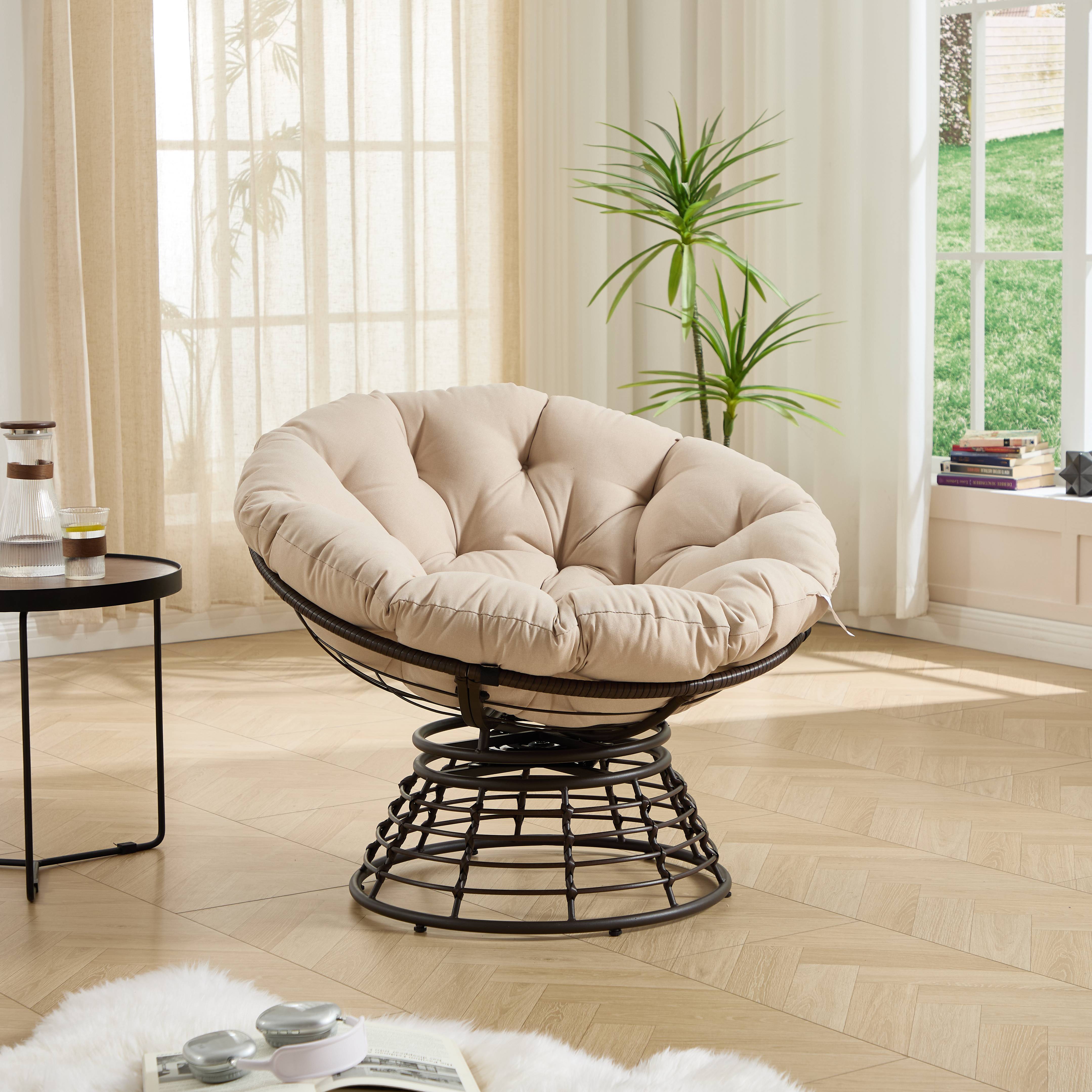 Chaise Papasan en osier pivotante 360° cadre marron coussin beige épais confortable pour intérieur et extérieur - Image 7