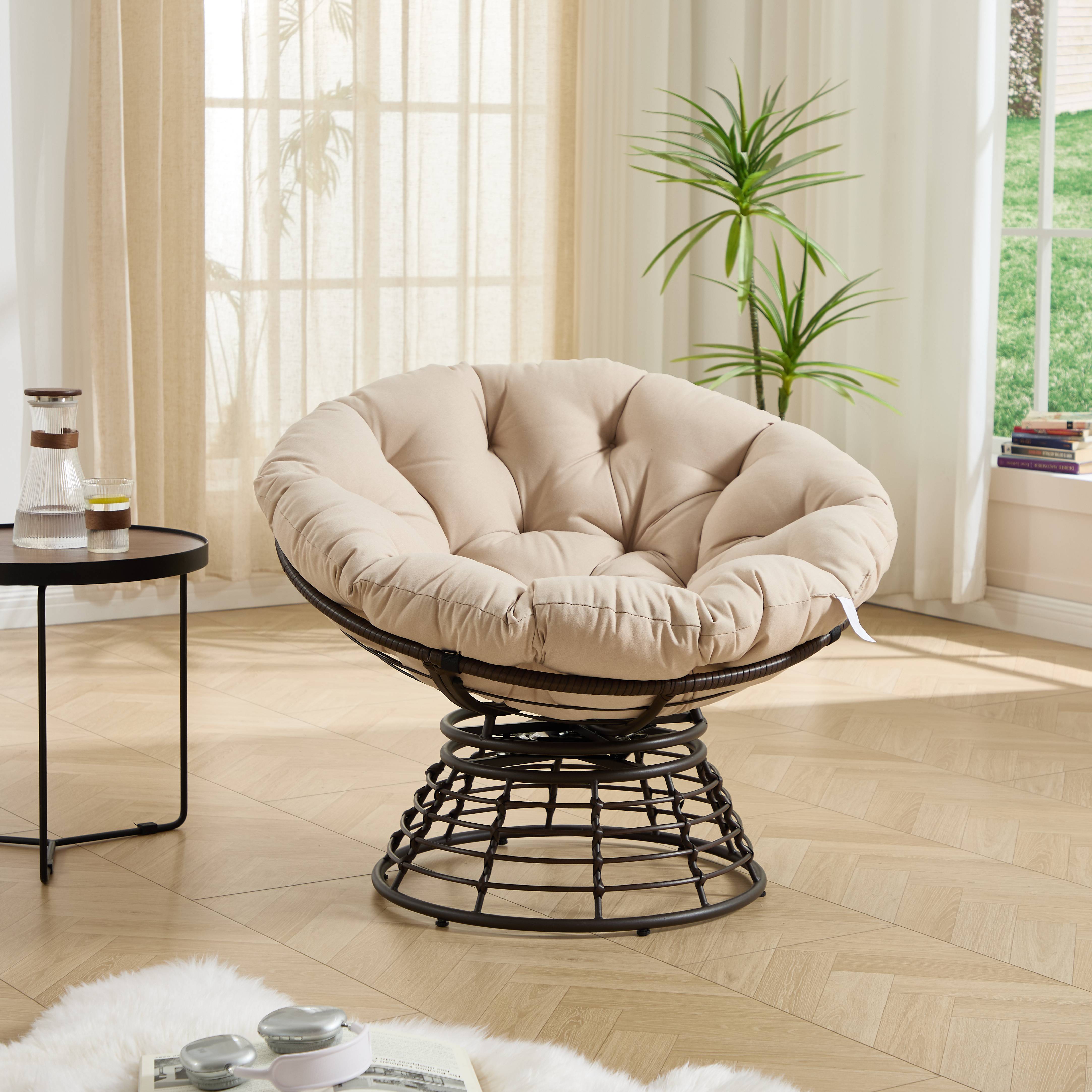 Chaise Papasan en osier pivotante 360° cadre marron coussin beige épais confortable pour intérieur et extérieur - Image 1