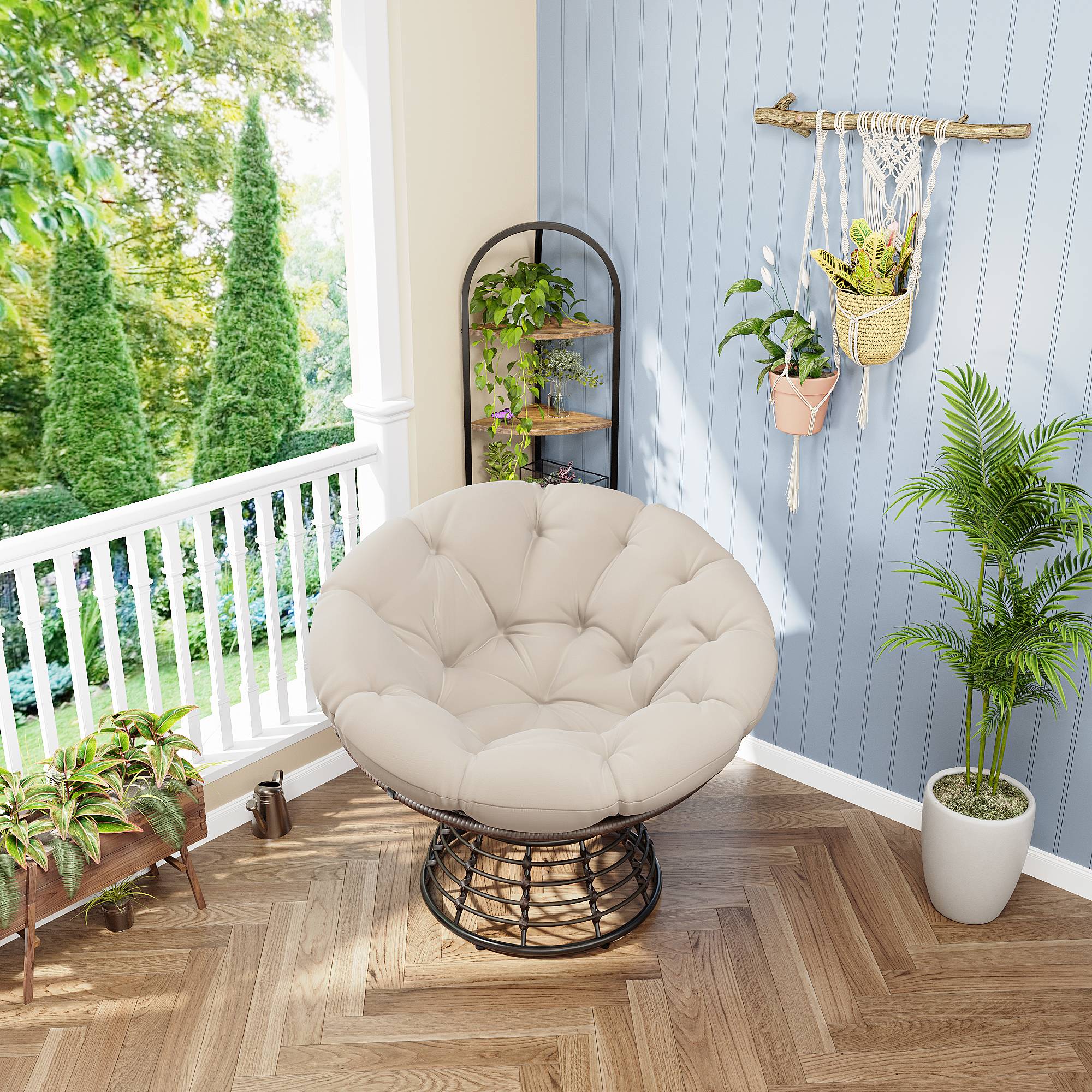 Chaise Papasan en osier pivotante 360° cadre marron coussin beige épais confortable pour intérieur et extérieur - Image 2