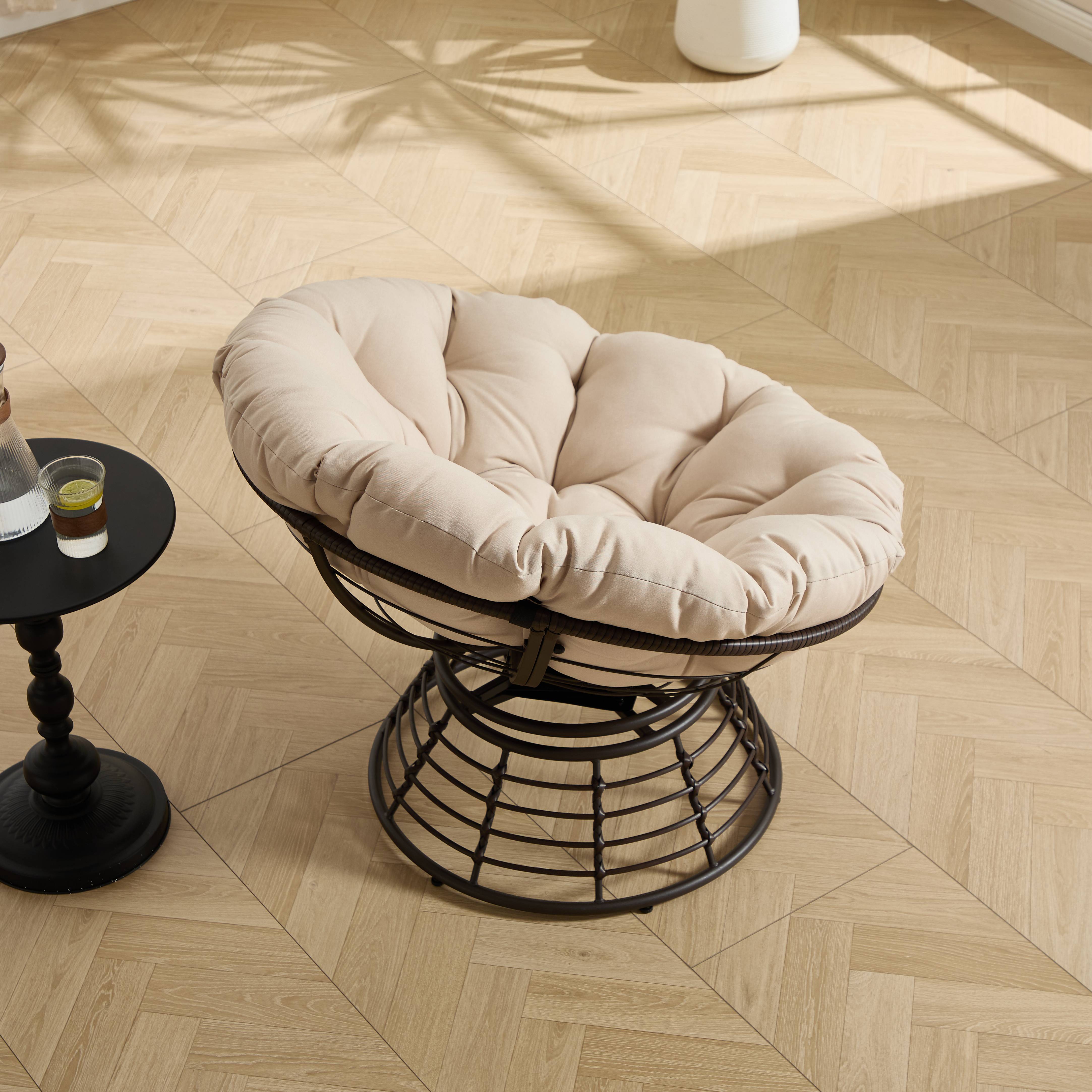 Chaise Papasan en osier pivotante 360° cadre marron coussin beige épais confortable pour intérieur et extérieur - Image 9