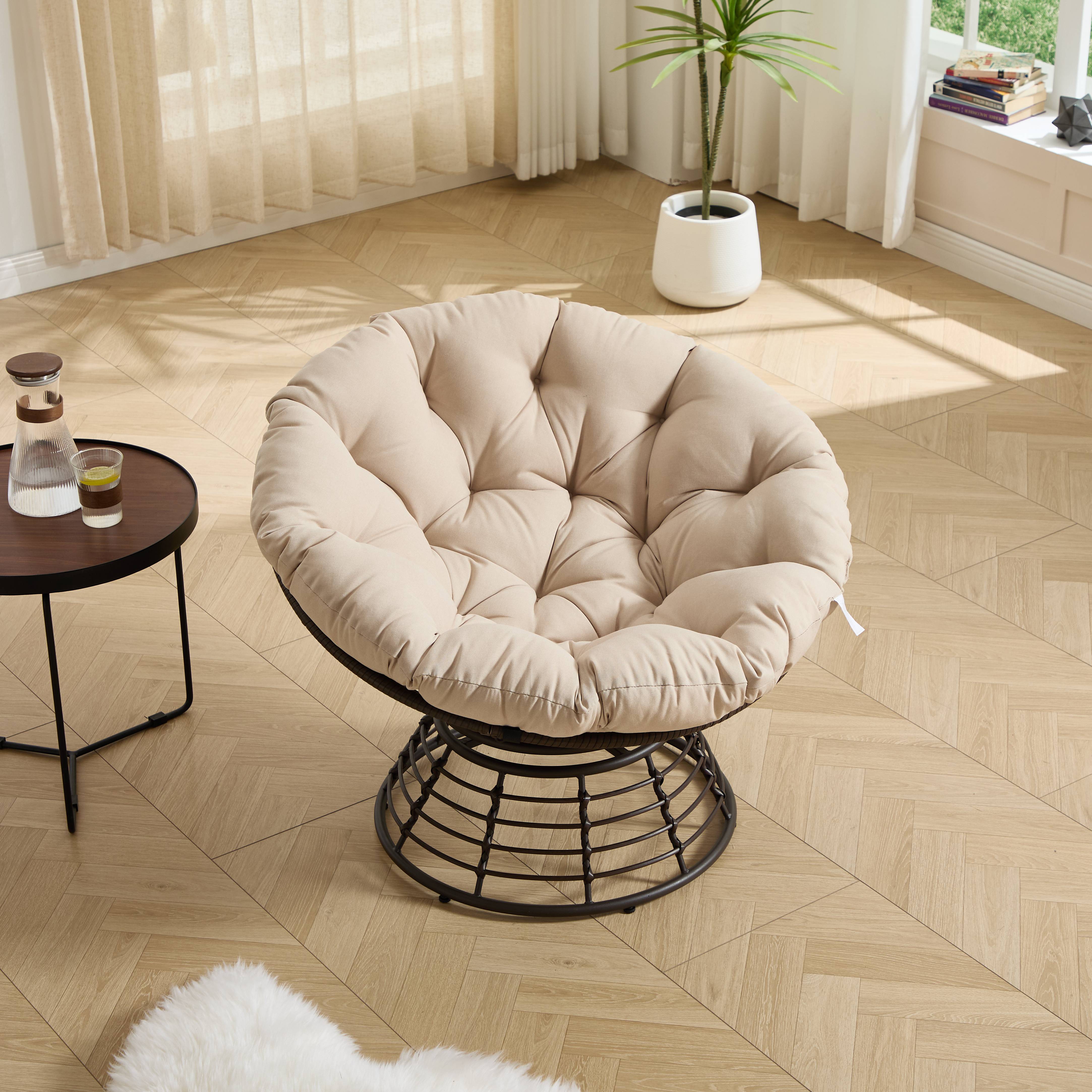 Chaise Papasan en osier pivotante 360° cadre marron coussin beige épais confortable pour intérieur et extérieur - Image 8