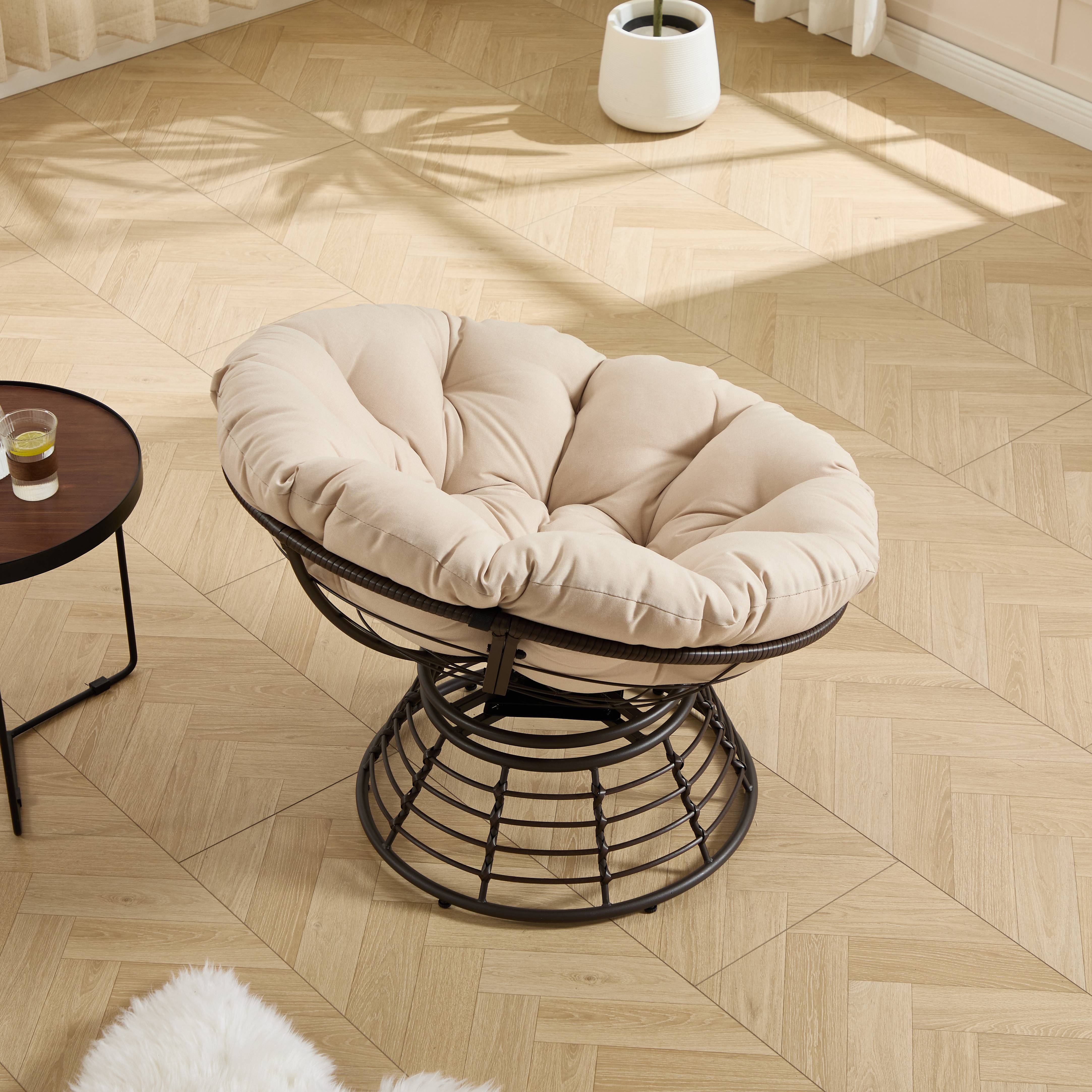 Chaise Papasan en osier pivotante 360° cadre marron coussin beige épais confortable pour intérieur et extérieur - Image 4