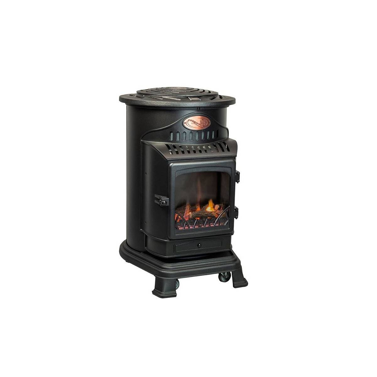 Poêle à gaz fonte 3400W Noir Effet feu Chauffage d'appoint gaz sur roues Autonomie 60h INTEC - Image 1