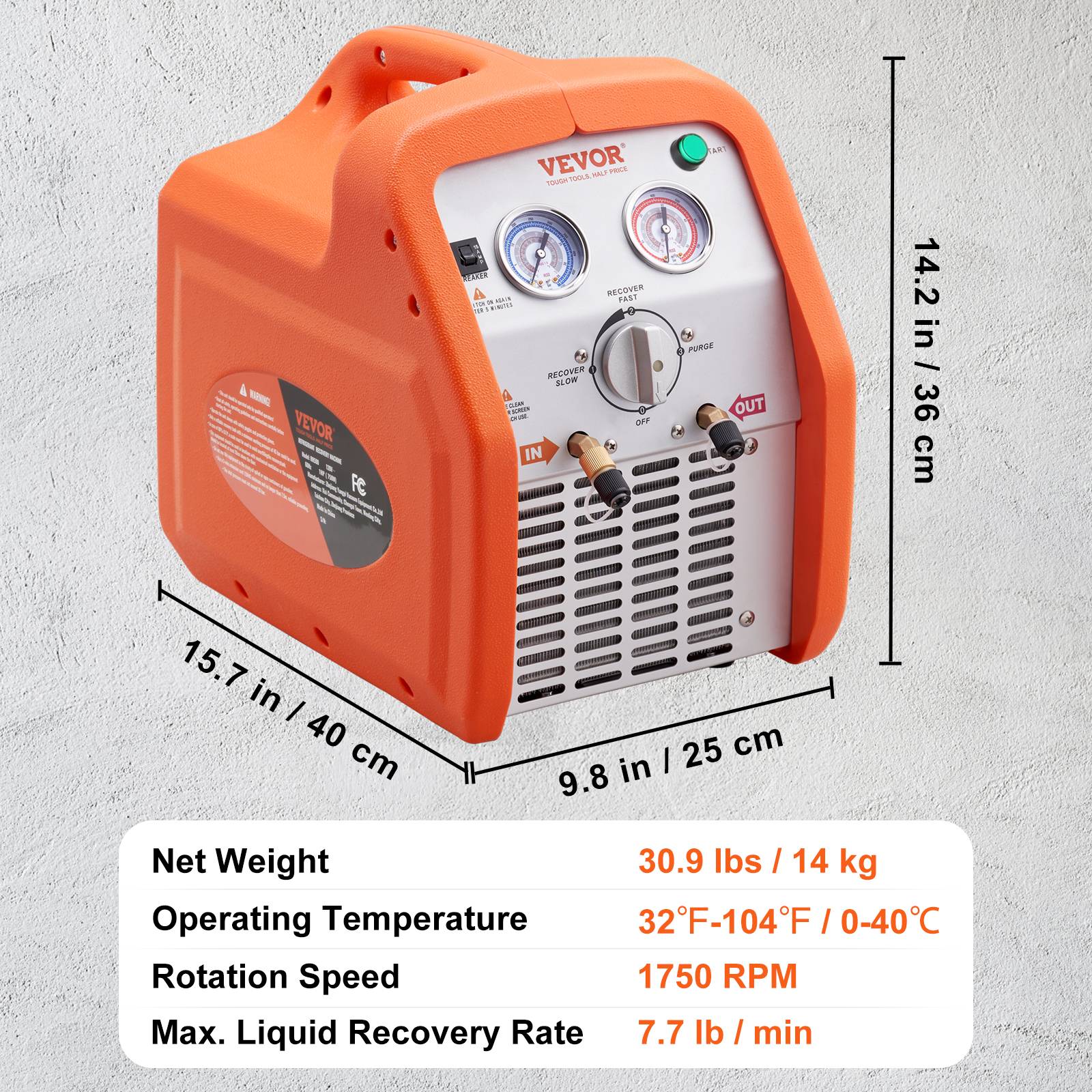 VEVOR Station récupération fluides frigo portable 1 HP double cylindre, 3,5 kg/min, auto-nettoyage. - Image 7