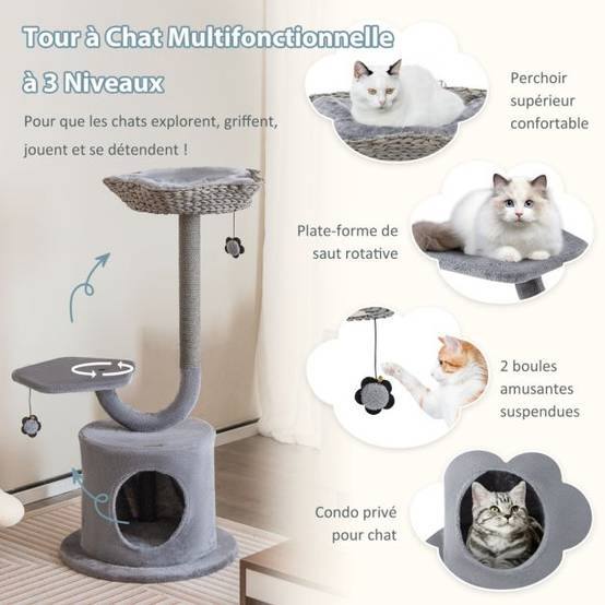 Arbre à chat 106 cm perchoir condo et 2 balles suspendues tour à chat poteaux de soutien en métal et coussin amovible gris - Image 4