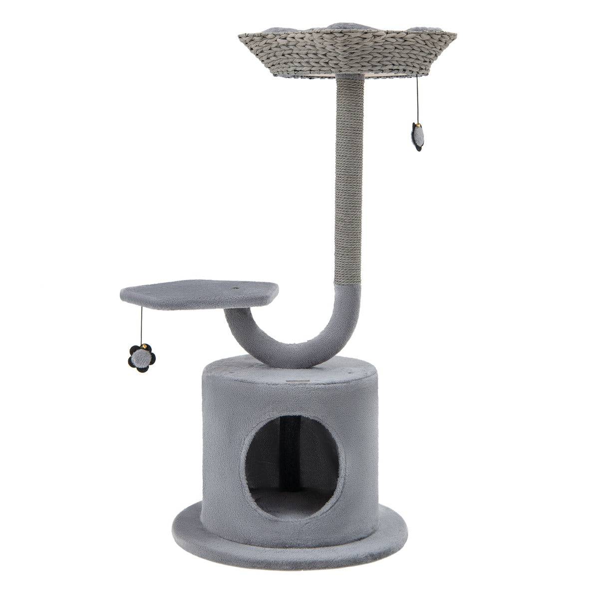 Arbre à chat 106 cm perchoir condo et 2 balles suspendues tour à chat poteaux de soutien en métal et coussin amovible gris - Image 1