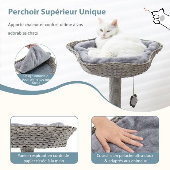 Arbre à chat 106 cm perchoir condo et 2 balles suspendues tour à chat poteaux de soutien en métal et coussin amovible gris - Image 3