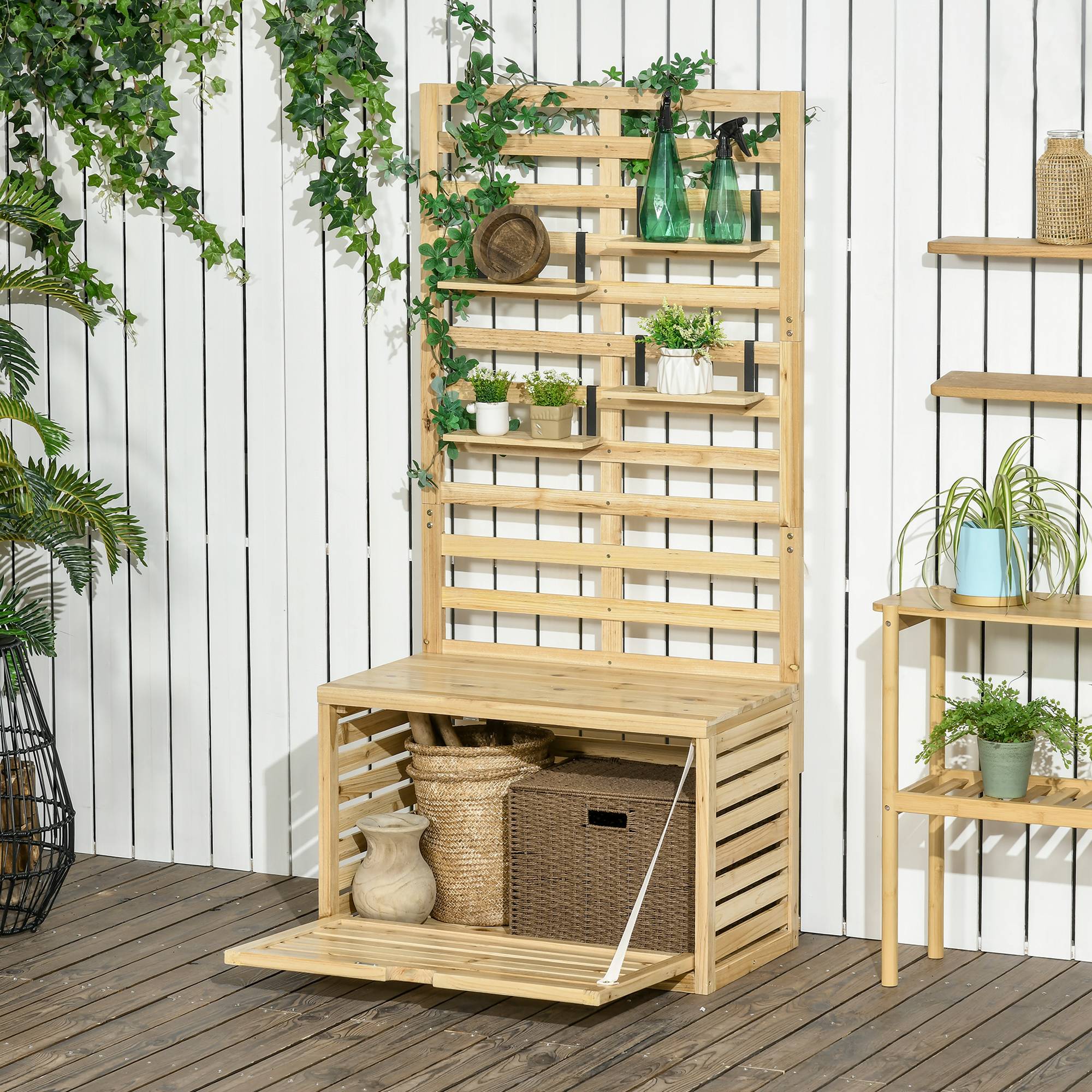 Coffre de jardin bois avec treillis terrasse rangement plantes 80x45x160cm - ComfortXL Outdoor Living - Image 3