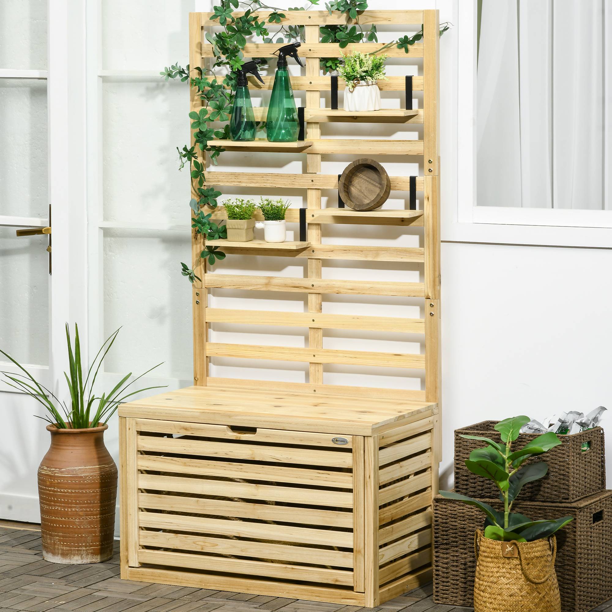 Coffre de jardin bois avec treillis terrasse rangement plantes 80x45x160cm - ComfortXL Outdoor Living - Image 4