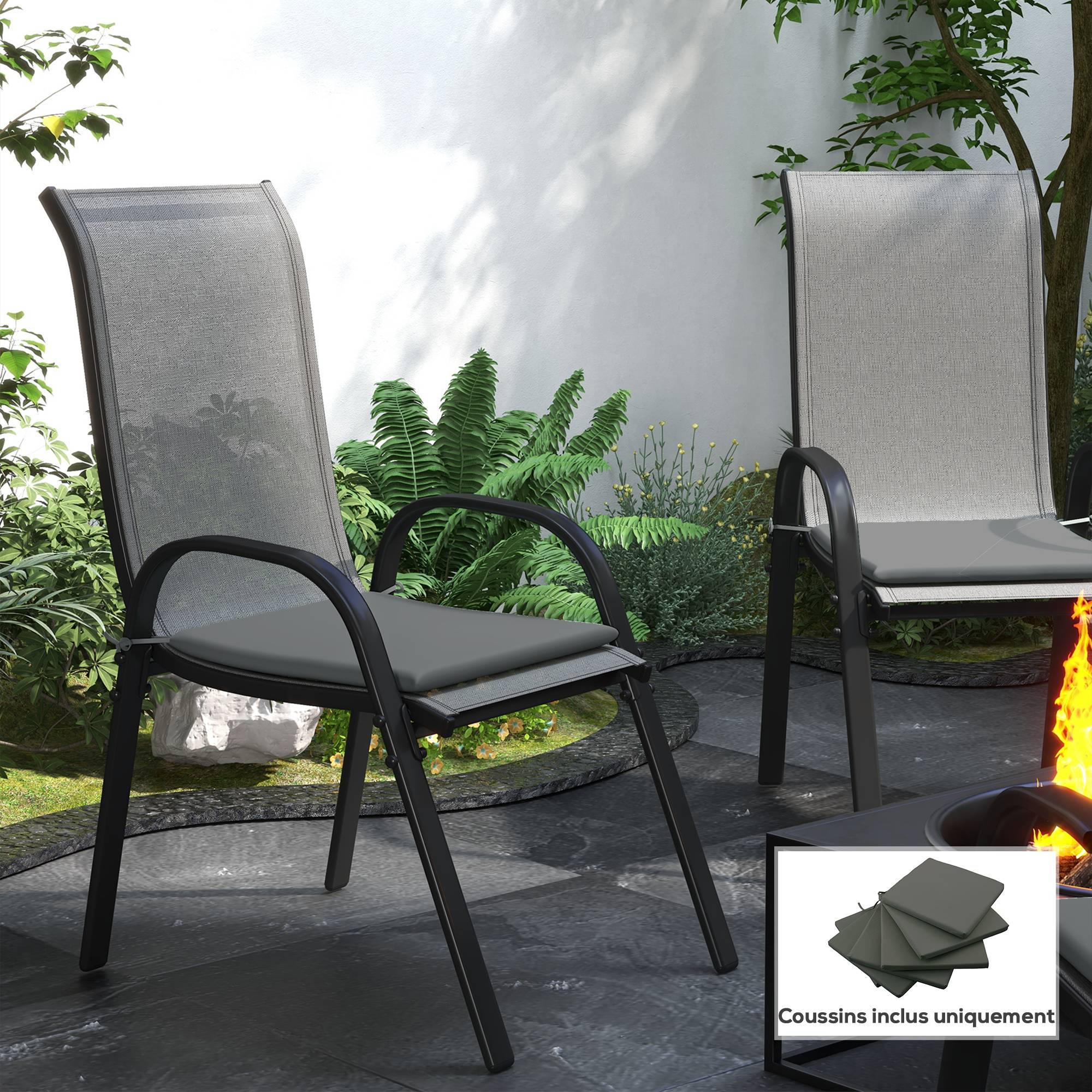 Lot de 6 Coussins de chaise de jardin extérieur Rembourrage 3 cm Tissu Polyester dim. 42L x 42l cm Gris foncé - Image 4