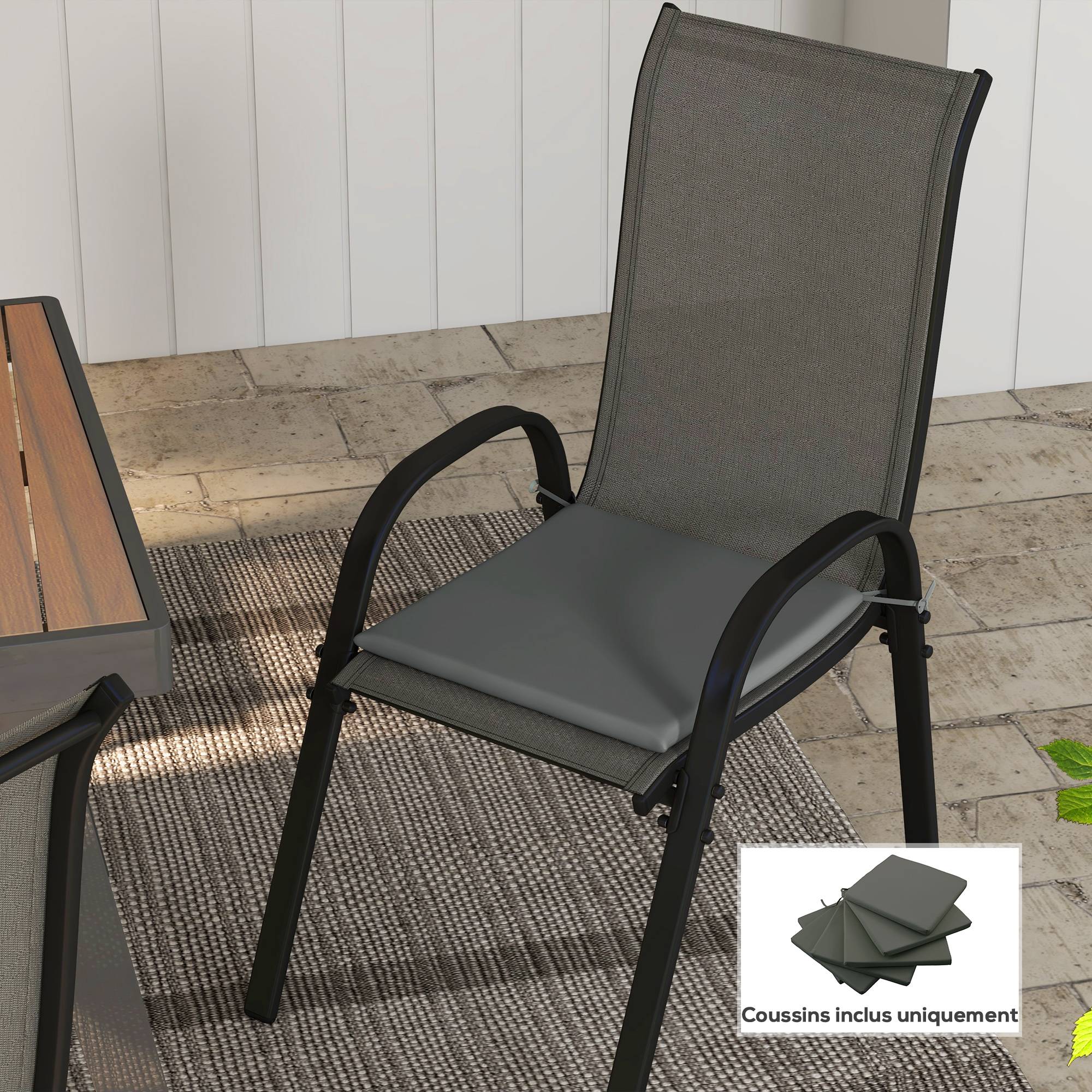 Lot de 6 Coussins de chaise de jardin extérieur Rembourrage 3 cm Tissu Polyester dim. 42L x 42l cm Gris foncé - Image 3