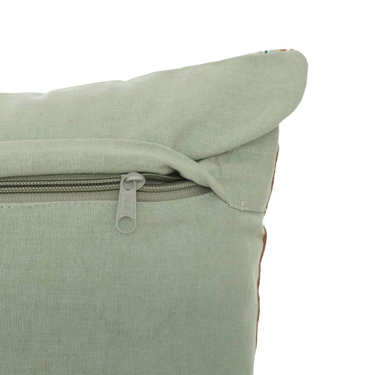 Coussin décoratif rayé Vert Céladon et Ocre motif Blanc brodé 40 x 40 cm - Image 3