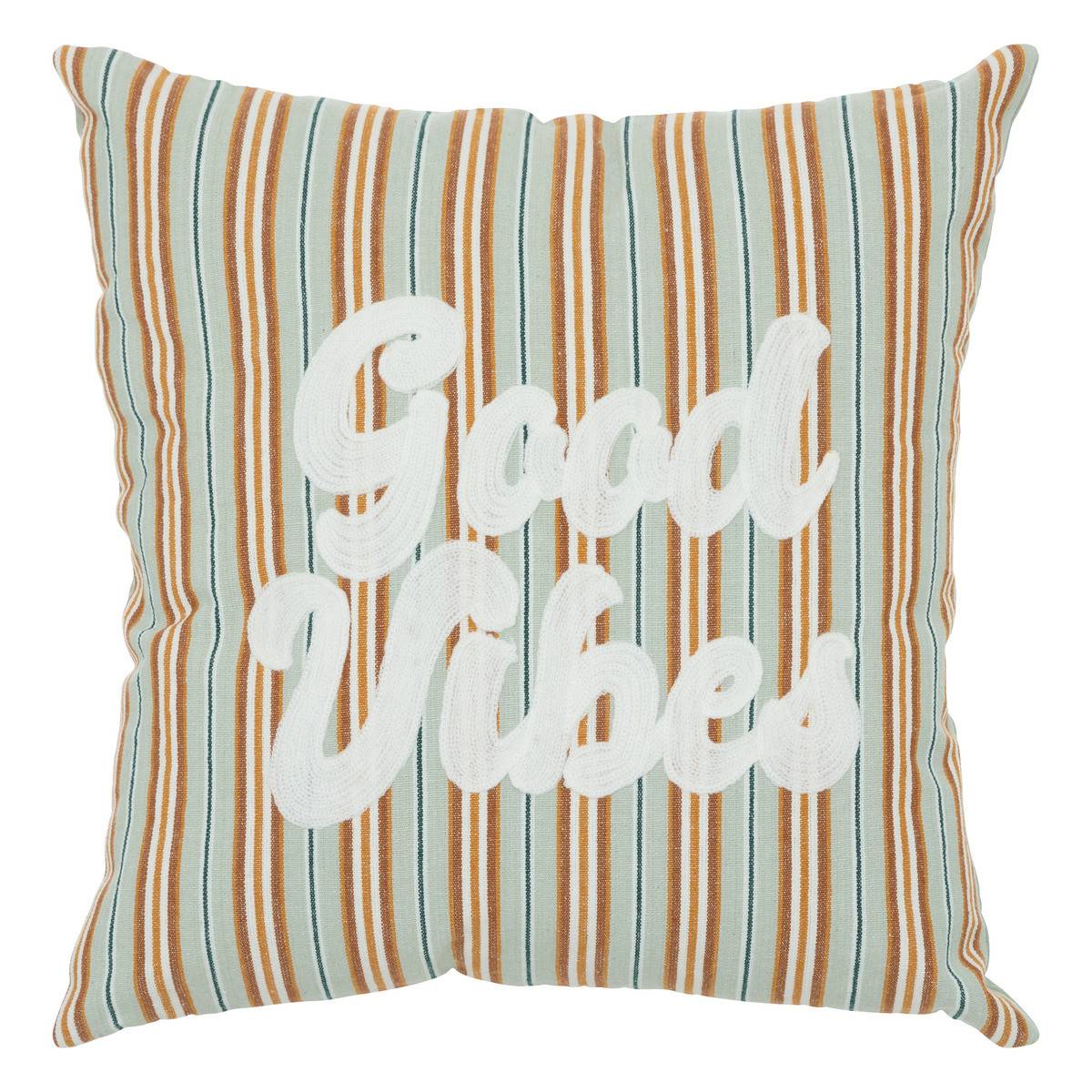 Coussin décoratif rayé Vert Céladon et Ocre motif Blanc brodé 40 x 40 cm - Image 1