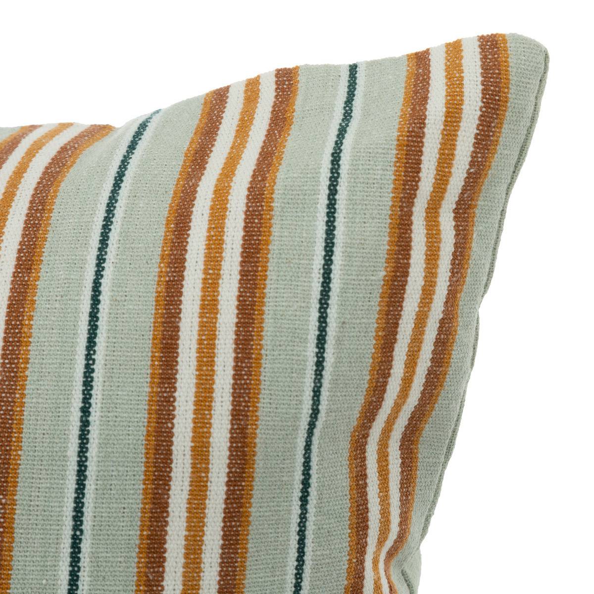 Coussin décoratif rayé Vert Céladon et Ocre motif Blanc brodé 40 x 40 cm - Image 2