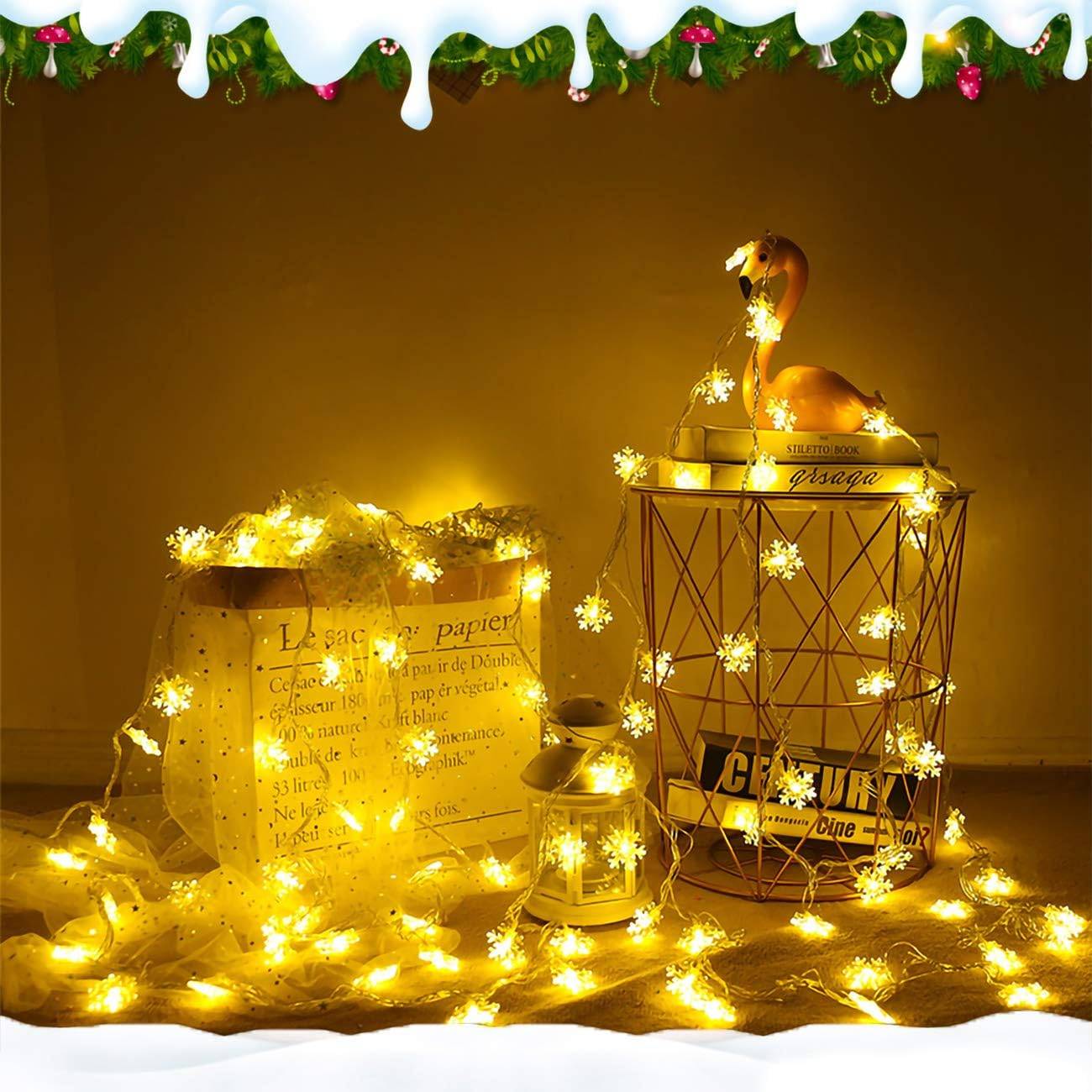 (Blanc chaud, 6 M) Guirlande lumineuse flocon de neige de Noël à 40 LED, double modes stable et clignotant, décoration intérieure et extérieure - Image 4