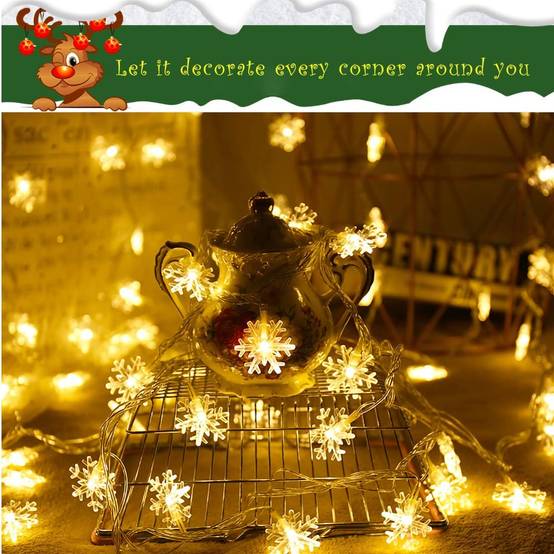 (Blanc chaud, 6 M) Guirlande lumineuse flocon de neige de Noël à 40 LED, double modes stable et clignotant, décoration intérieure et extérieure - Image 5