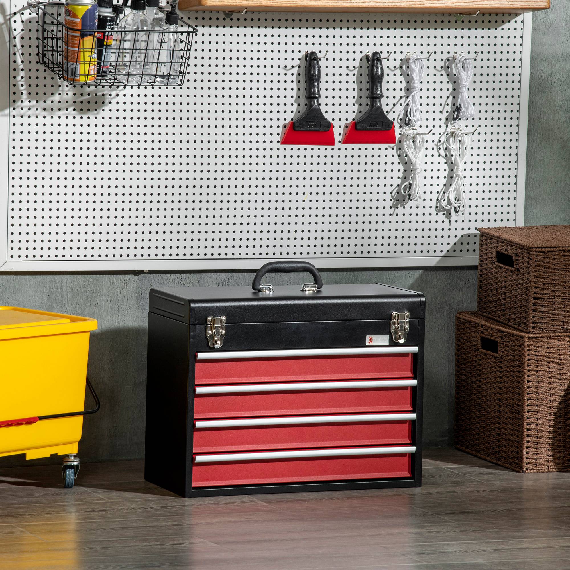 Sans Marque - Mallette à outils, boîte à outils, 4 tiroirs, verrouillable, boîtier en acier, noir+rouge, 51 x 22 x 39,5 cm - Image 7