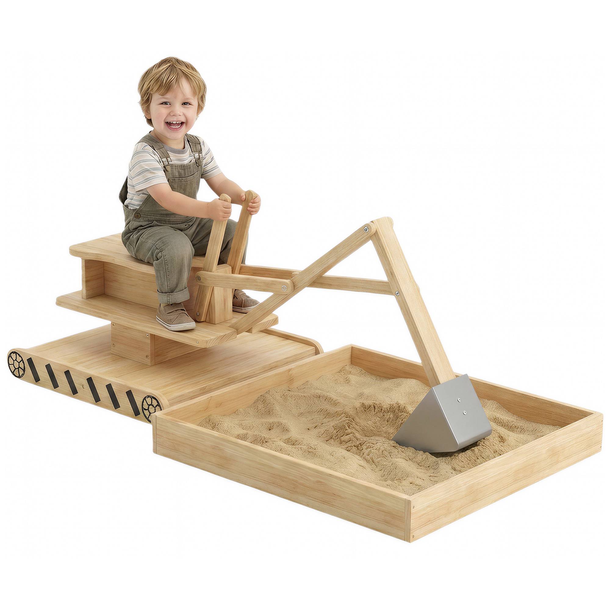 Bac à sable en bois naturel pelleteuse siège 360° et doublure 184 × 90 × 56 cm jeu extérieur - Image 1