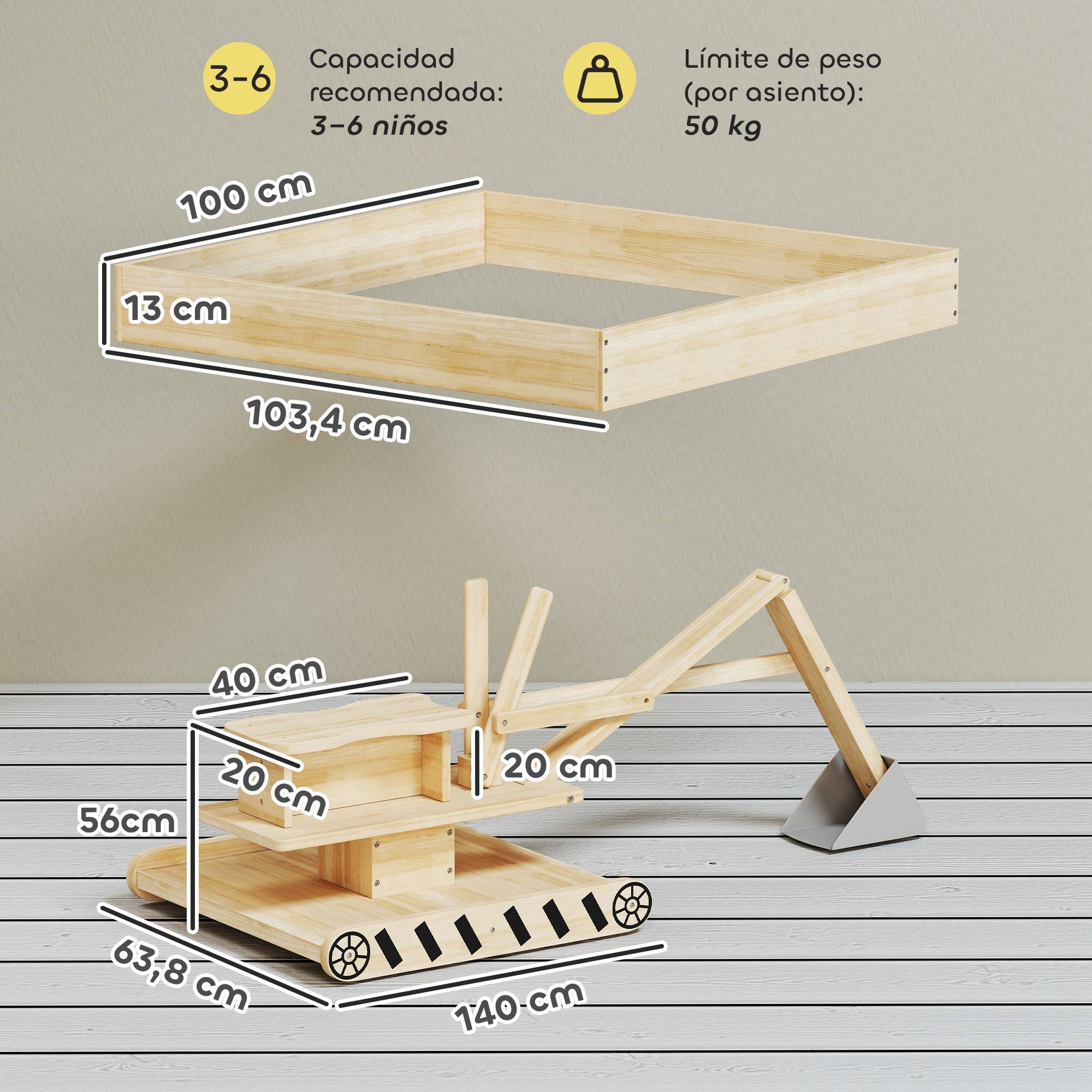 Bac à sable en bois naturel pelleteuse siège 360° et doublure 184 × 90 × 56 cm jeu extérieur - Image 5