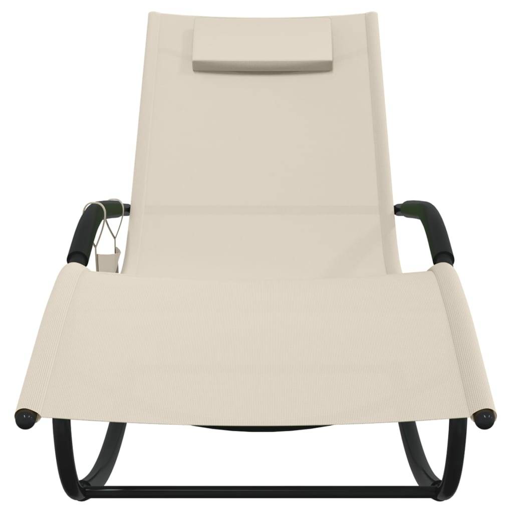 Helloshop26 - Transat chaise longue bain de soleil lit de jardin terrasse meuble d'extérieur 147 cm à bascule acier et textilène crème - Image 2