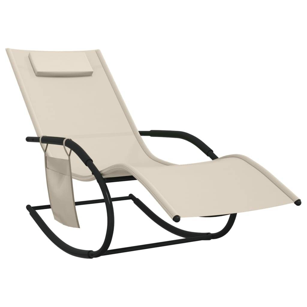 Helloshop26 - Transat chaise longue bain de soleil lit de jardin terrasse meuble d'extérieur 147 cm à bascule acier et textilène crème - Image 1