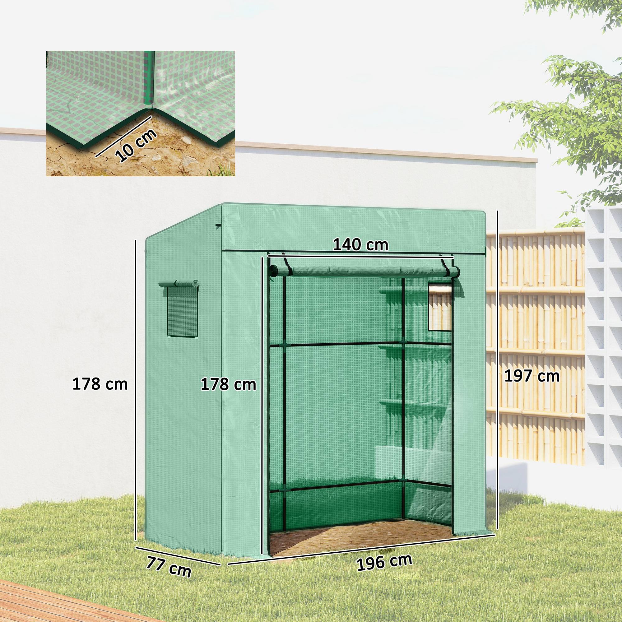 Serre adossée murale 196x77x197/178 cm en PE renforcé avec 1 porte et 2 fenêtres pour jardin murale culture - Image 5