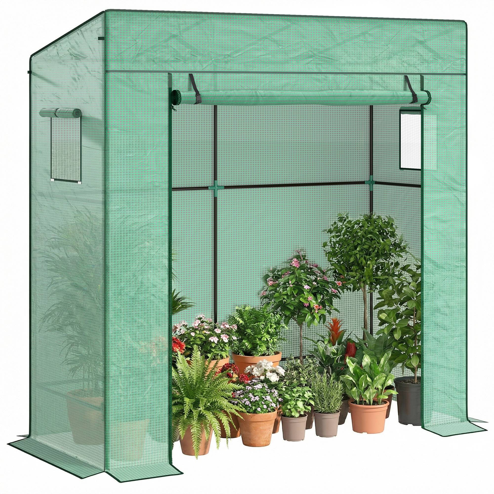 Serre adossée murale 196x77x197/178 cm en PE renforcé avec 1 porte et 2 fenêtres pour jardin murale culture - Image 1
