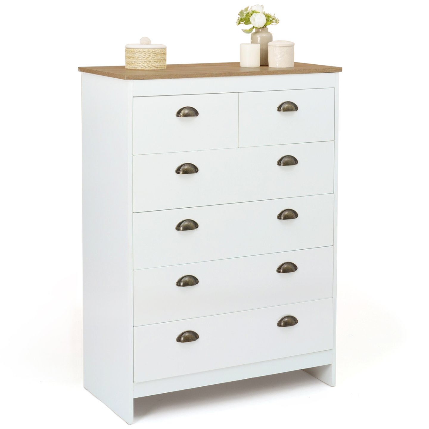 Commode 6 tiroirs ISIS 80 cm blanc et plateau bois - Image 2