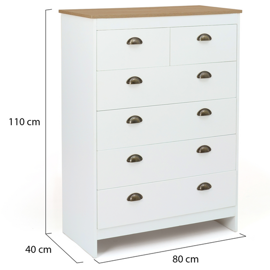 Commode 6 tiroirs ISIS 80 cm blanc et plateau bois - Image 5