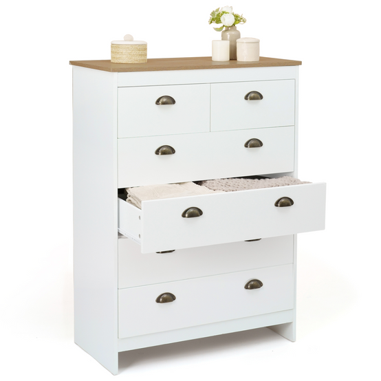 Commode 6 tiroirs ISIS 80 cm blanc et plateau bois - Image 4