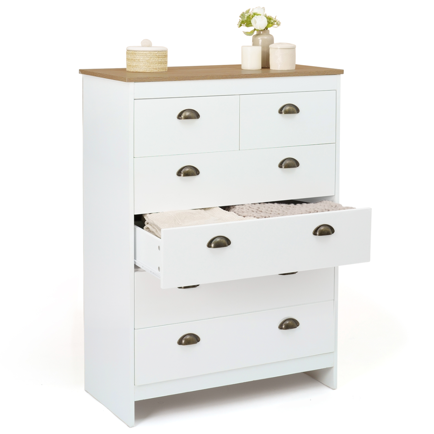Commode 6 tiroirs ISIS 80 cm blanc et plateau bois - Image 4