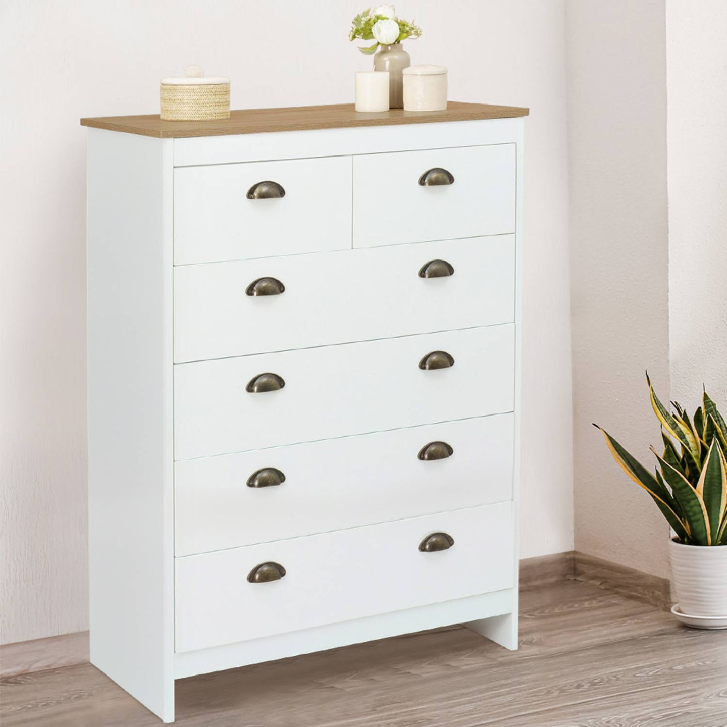 Commode 6 tiroirs ISIS 80 cm blanc et plateau bois - Image 1